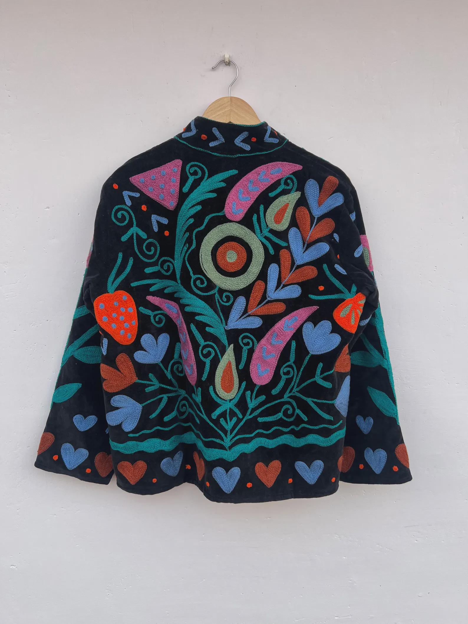 Suzani Embroidered Velvet Winter Jacket | Short Festival Coat | Ethnic Bohemian Outerwear | Winter Kimono Jacket | Gift For Wife