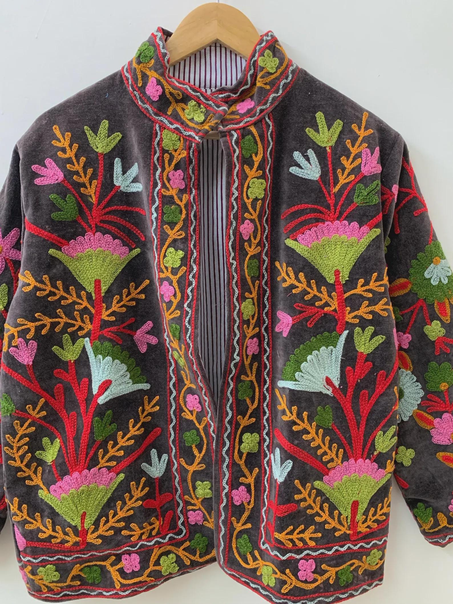 Suzani Embroidered Velvet Winter Jacket | Handmade Short Festival Coat | Ethnic Bohemian Outerwear | Winter Kimono Jacket | Gift For Wife