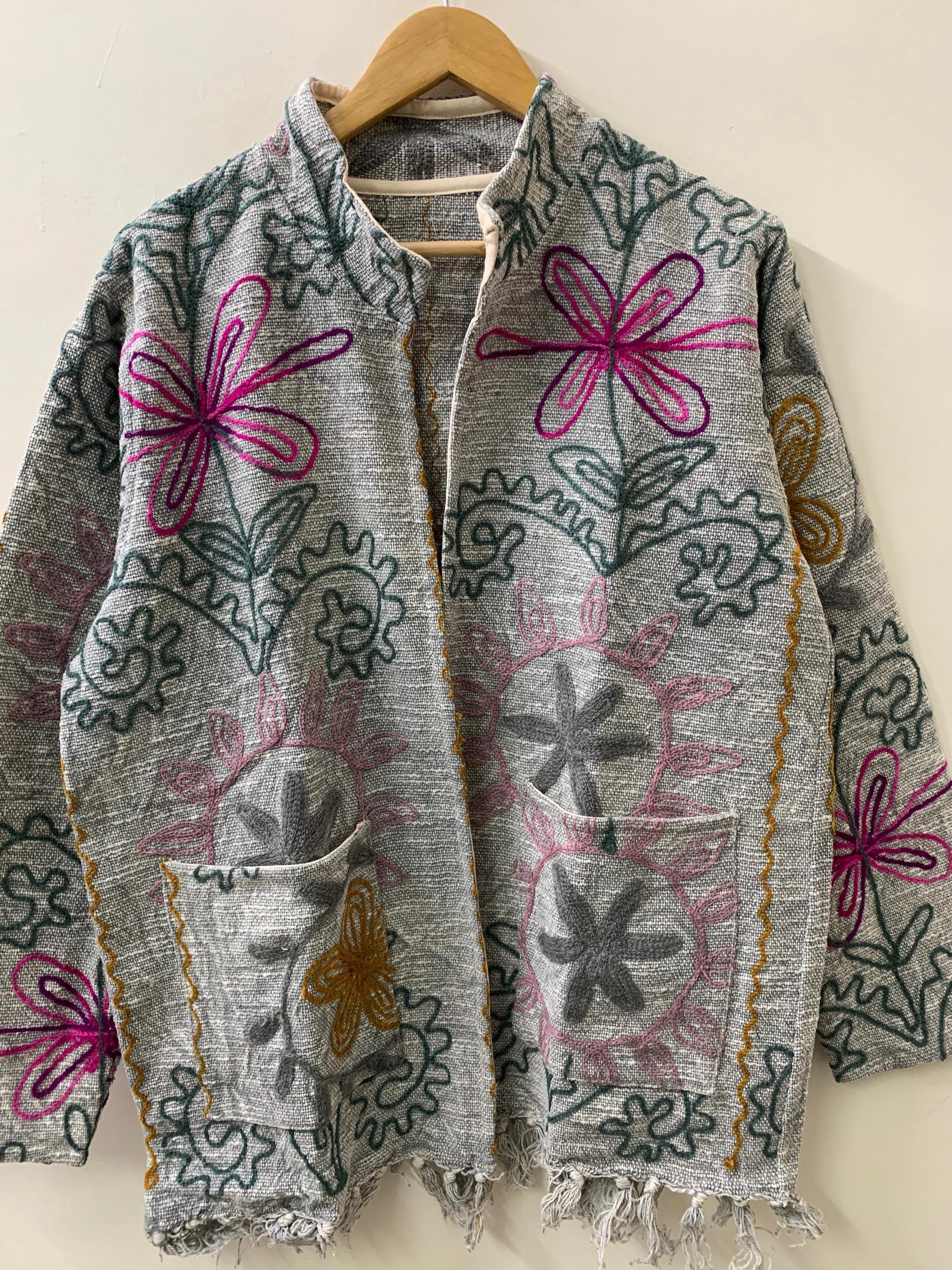 Handmade Ethnic Embroidered Cotton Suzani Kimono | Boho Throw Shrug | Tribal Festival Spring Coat | Statement Duster Outerwear