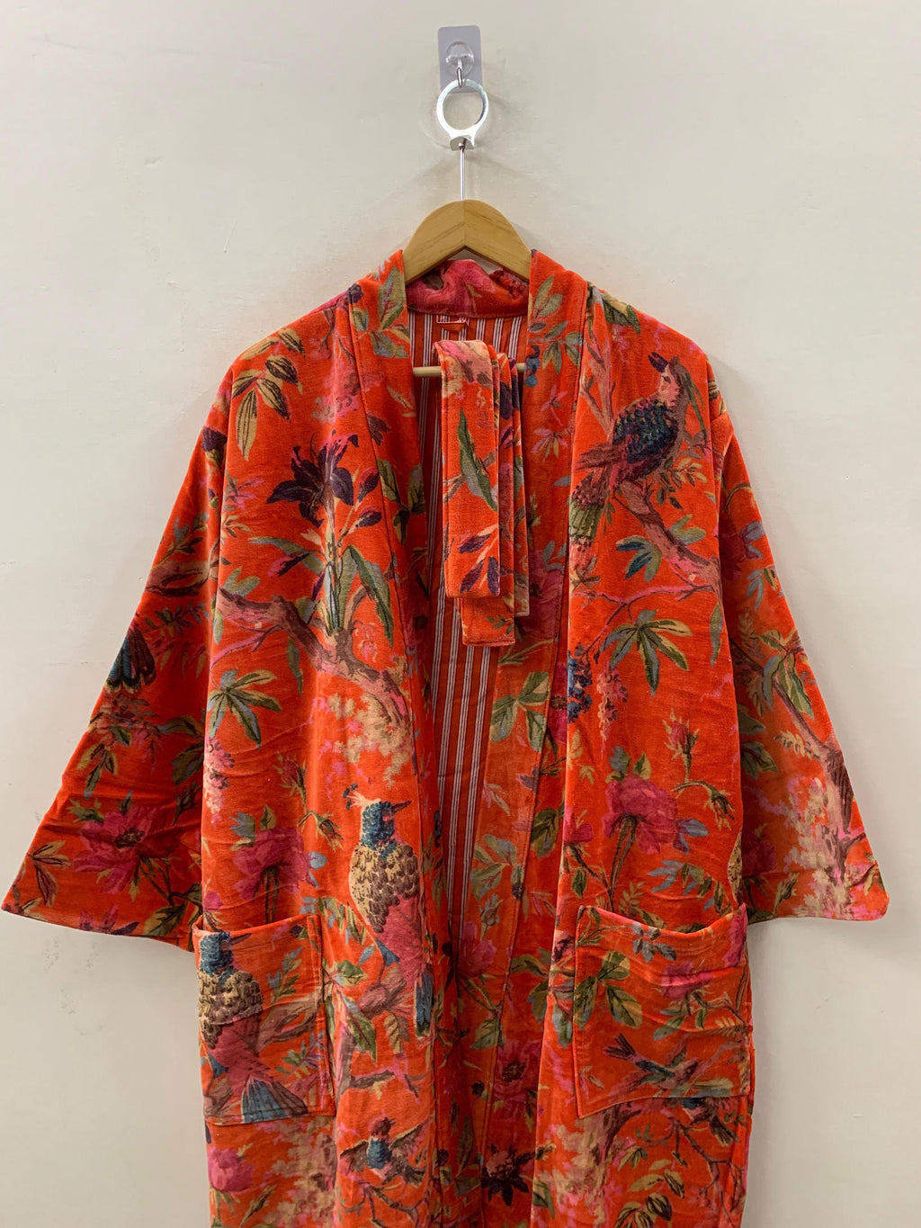 Orange Velvet Kimono Robe – Boho Bird Print Duster Robe |Peacock Floral Long Kimono Jacket | Statement Loungewear | Bohemian Festival Outfit
