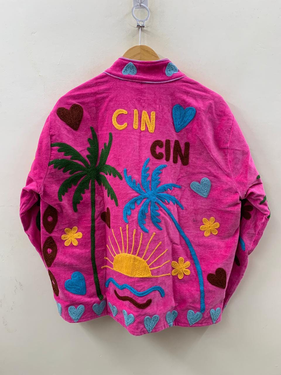 Bright Pink Velvet Suzani Short Jacket-Sun, Palm, Moon & Heart Design |Embroidered Statement Coat |  |Colorful Festival Jacket |Duster Coat