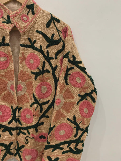 Boho TNT Fabric Suzani Short Jacket | Embroidered Jacket | Vintage Uzbek Textile | Floral Bomber Coat | Bohemian Outerwear | Gift For Her