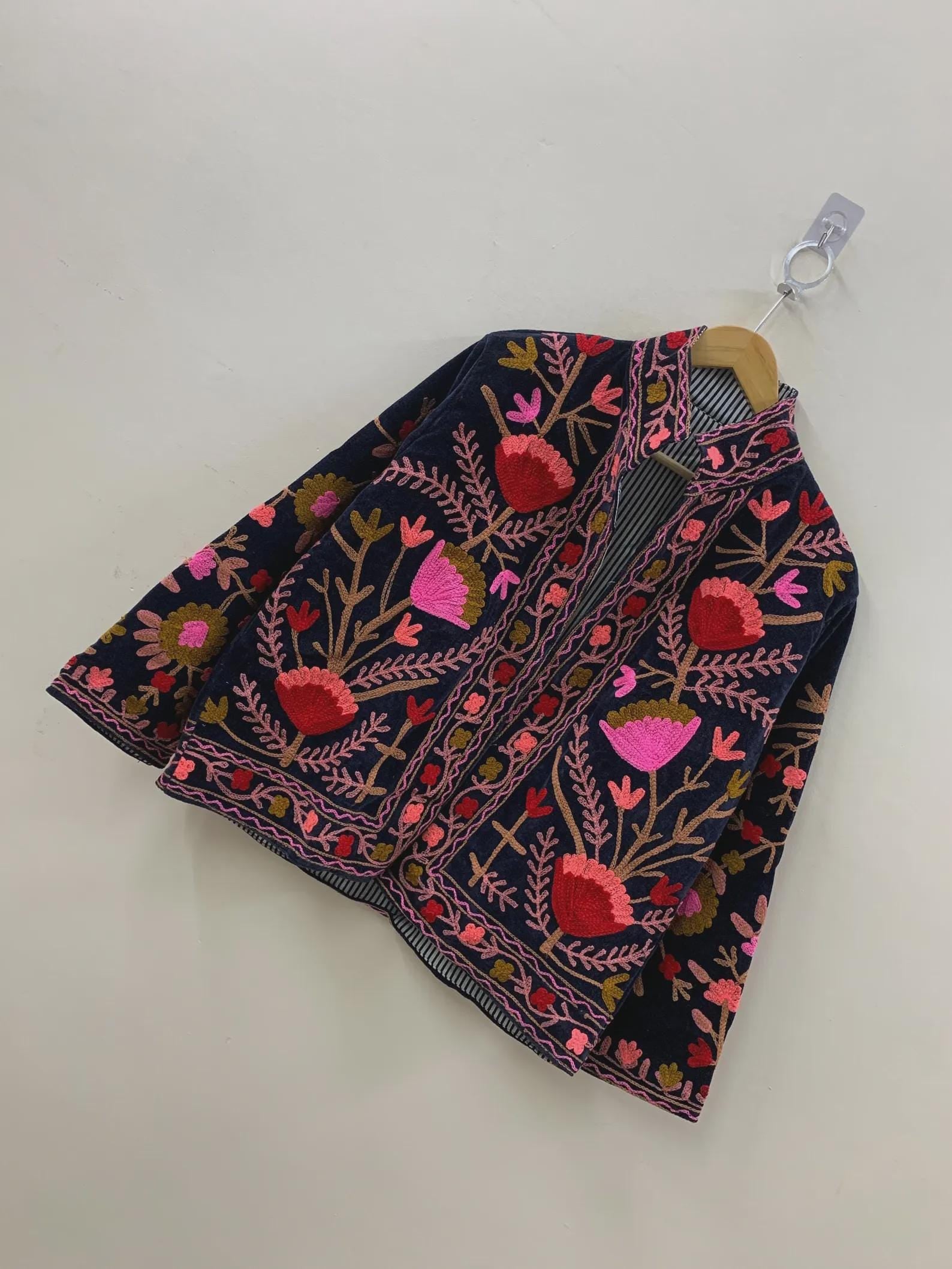 Embroidered Velvet Suzani Winter Jacket | Indian Boho Style Coat | Spring Bomber Jacket | Gift For Her | Suzani Outerwear | Duster Jacket