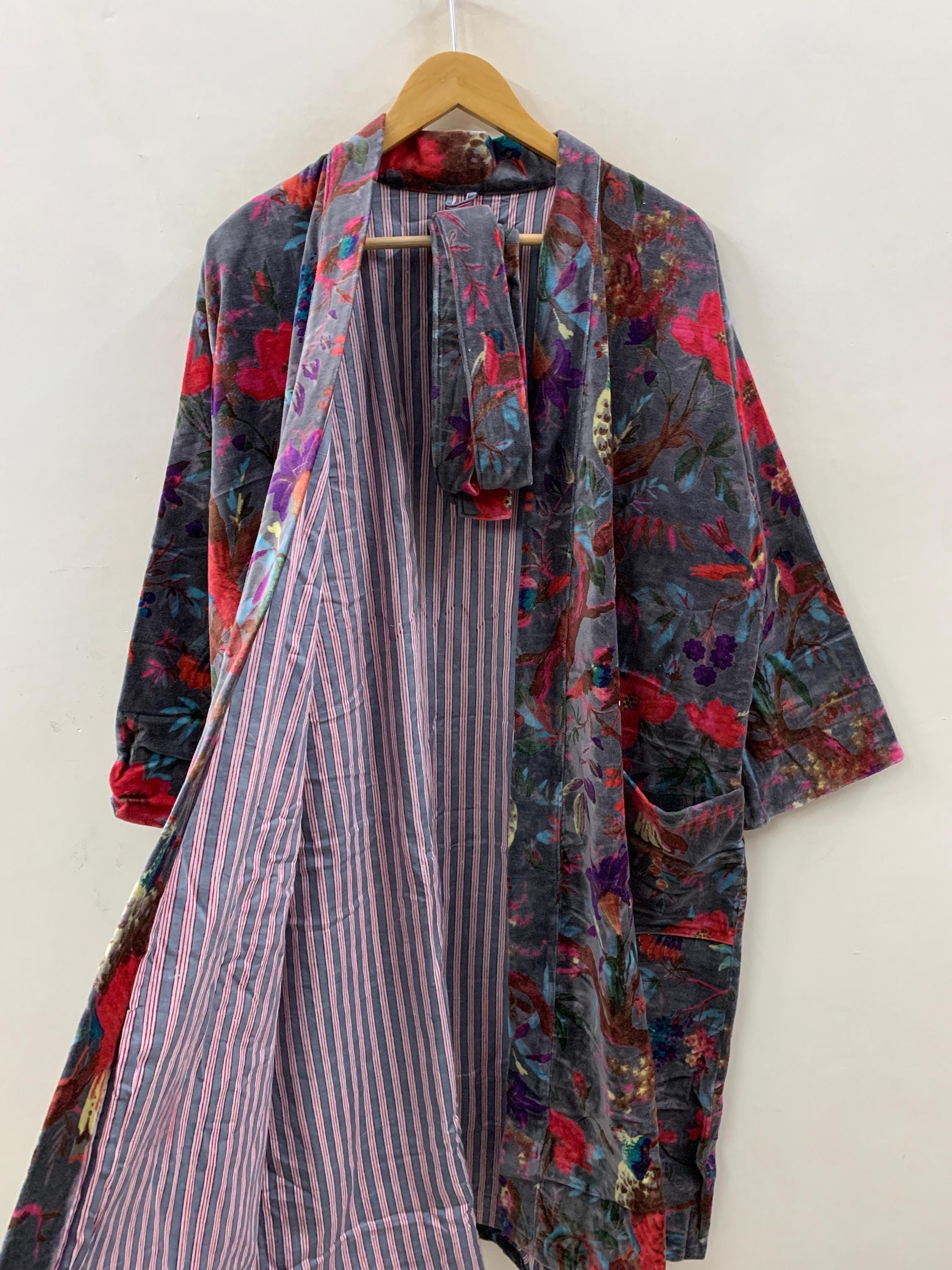 Velvet Floral Kimono Robe | Bohemian Loungewear | Vintage Wrap Robe with Belt | Women’s Boho Dressing Gown | Resort Wear | Gift For Wife