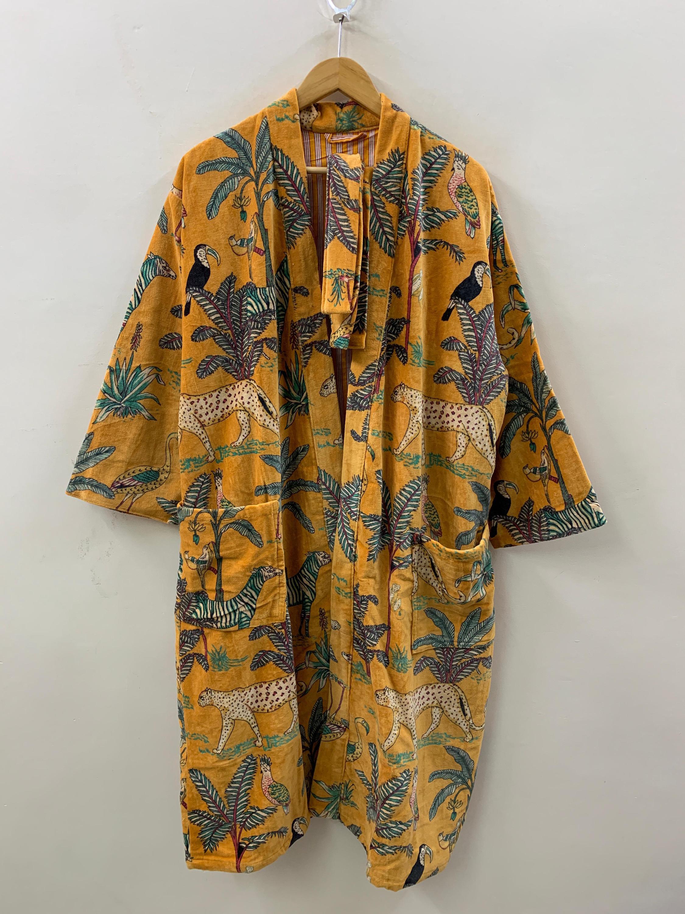 Yellow Leopard Print Velvet Kimono Robe | Bold Animal Print Loungewear | Soft Dressing Gown with Belt |Statement Kimono Jacket| Glam Robe