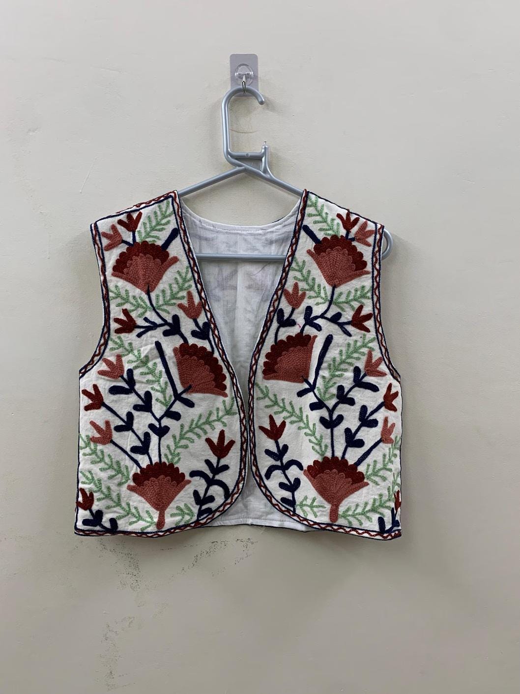 Suzani Embroidered Cotton Vest| Boho Floral Waistcoat | Handmade Ethnic Jacket | Cotton Lined Sleeveless Bohemian Layer |Festival Boho Vest