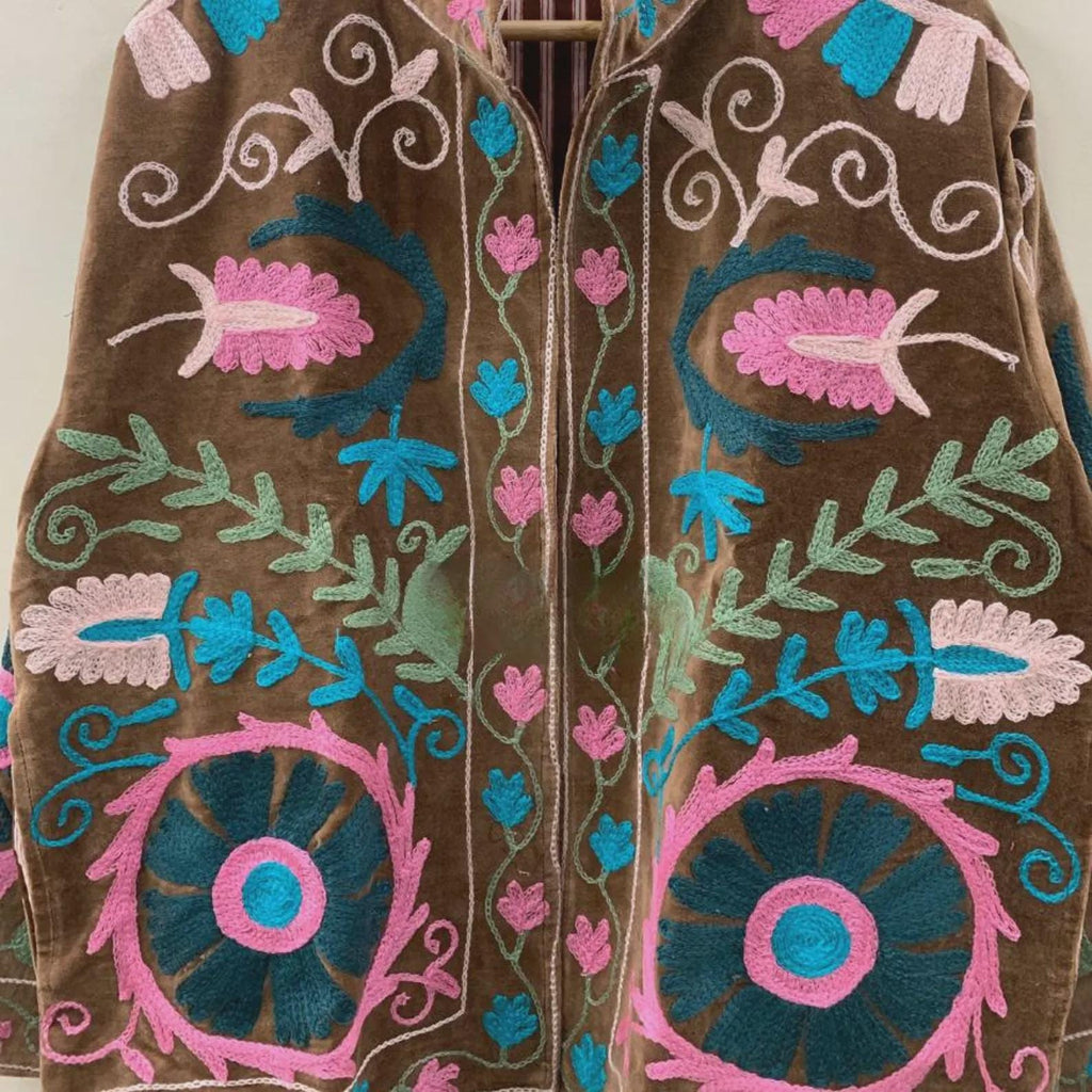 Brown Hand Embroidered Suzani Jacket | Velvet Kimono Jacket | Bohemian Winter Coat | Unisex Jacket | Vintage Style Outerwear |Gift for Women
