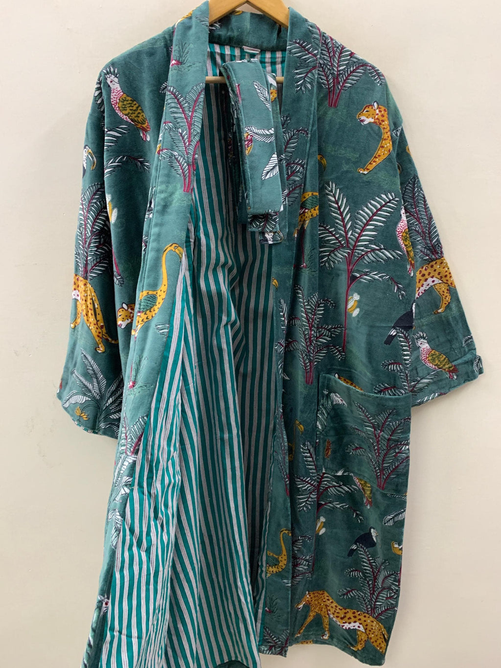 Green Jungle Velvet Winter Kimono Robe | Tropical Animal Print Loungewear | Cheetah & Bird Pattern | Cozy Winter Boho Robe | Gift for Her