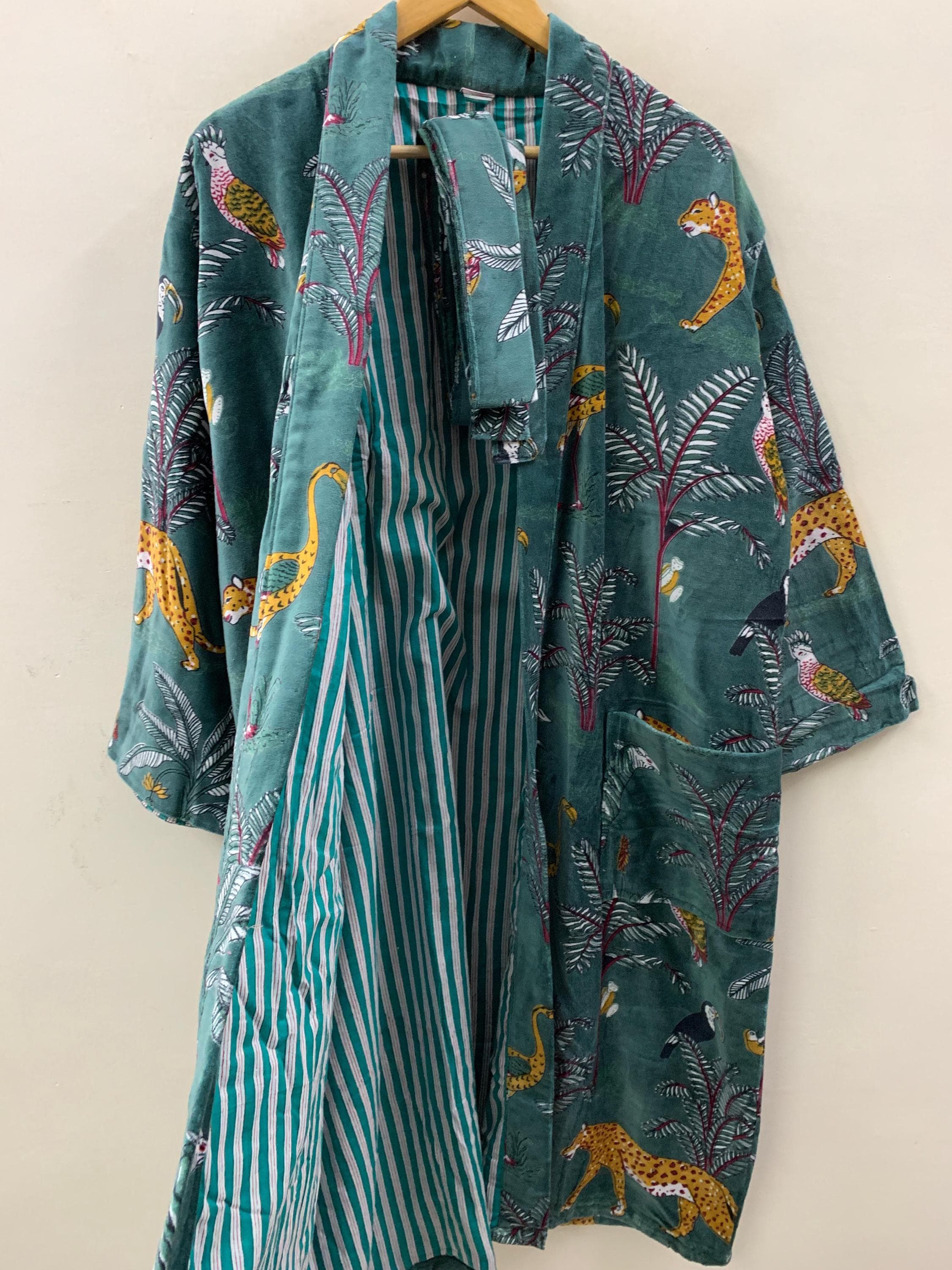Green Jungle Velvet Winter Kimono Robe | Tropical Animal Print Loungewear | Cheetah & Bird Pattern | Cozy Winter Boho Robe | Gift for Her