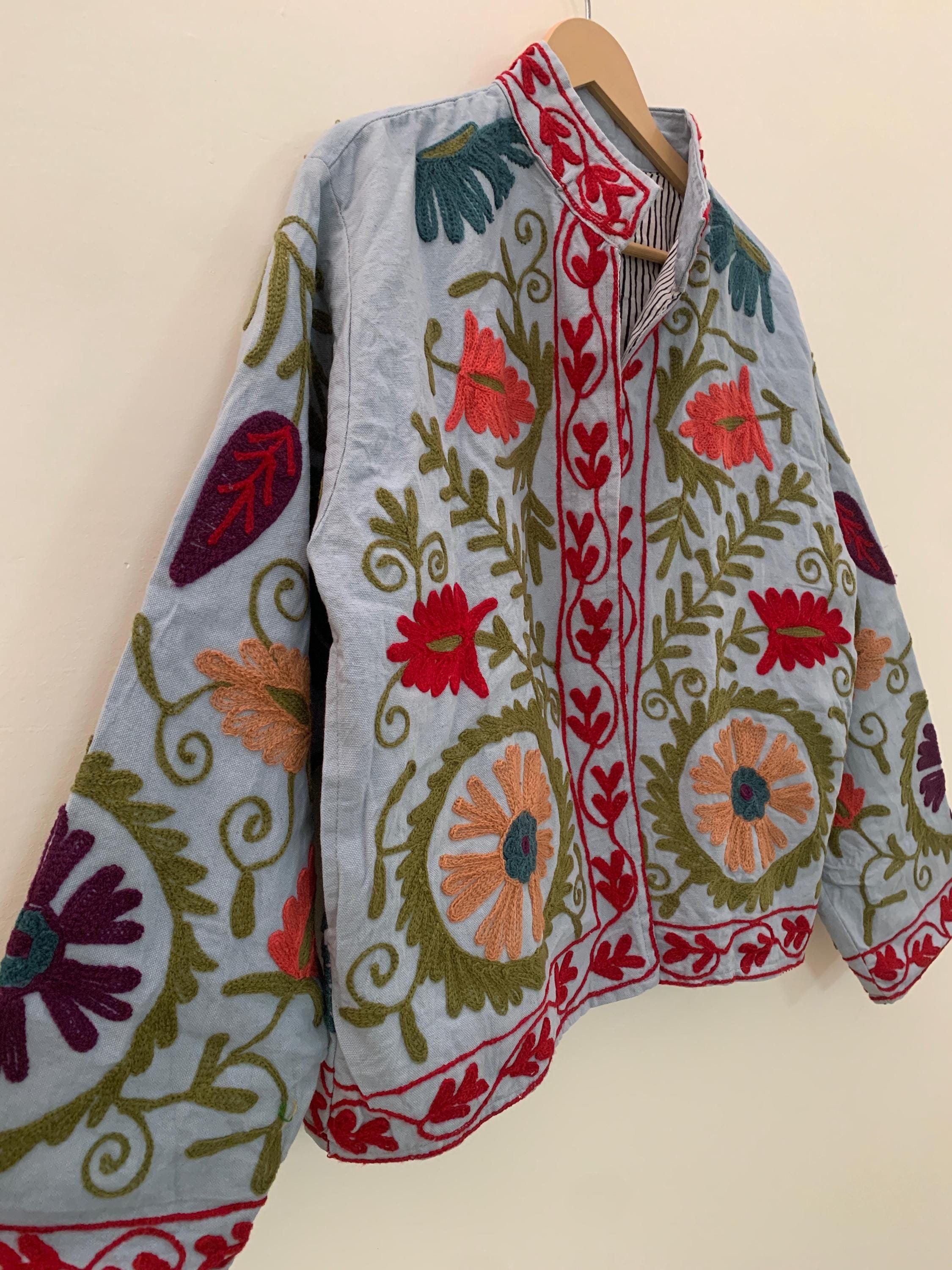 Handmade Suzani Jacket | Grey Embroidered Uzbek Textile, Boho Bomber, Outerwear |Gift For Her
