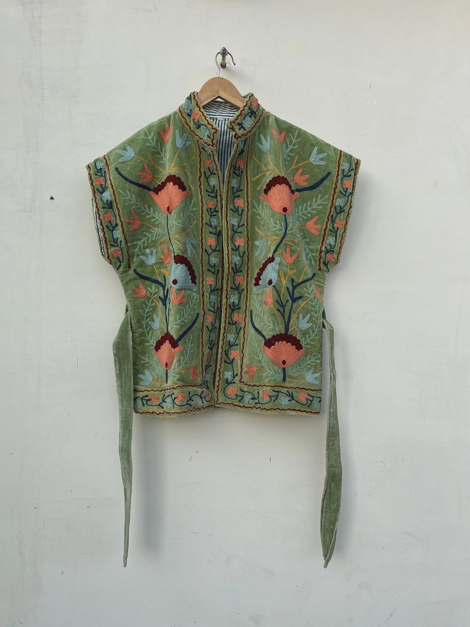 Green Velvet Suzani Vest with Belt | Handmade Boho Festival Waistcoat | Ethnic Embroidered Suzani Jacket | Sleeveless Bohemian Vest