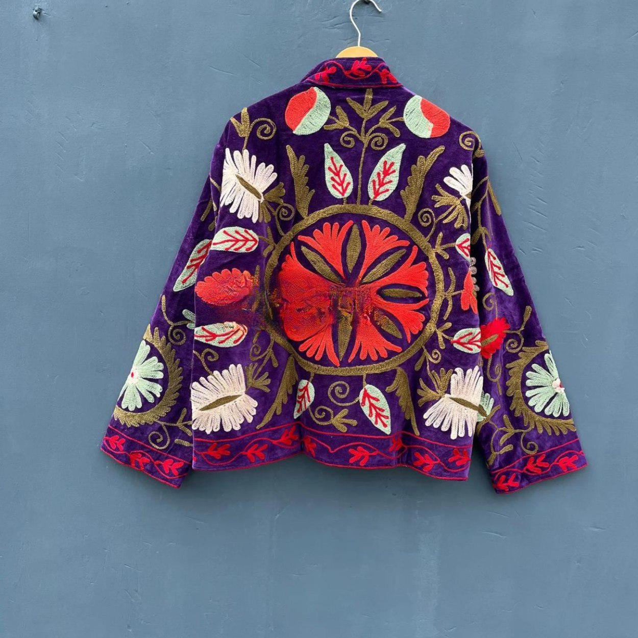 Vintage Suzani Embroidery Velvet Jacket | Boho Coat | Unisex Winter Jacket | Ethnic Chic Outerwear for Seasonal Outfits | Boho Gift For Her