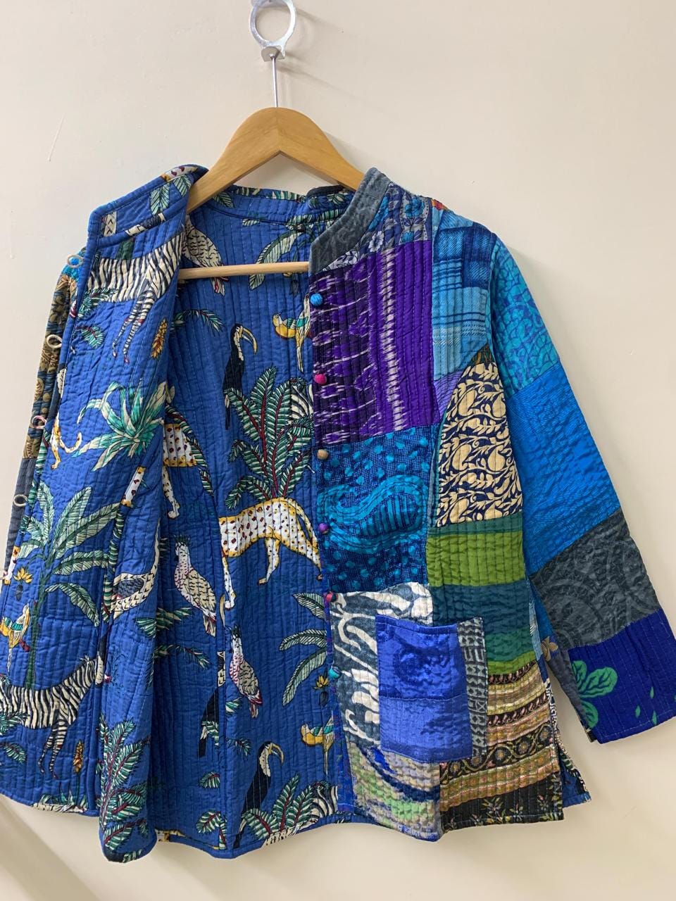 Boho Reversible Silk Patchwork Jacket | Kantha Blazer | Buttoned Quilted Coat |Handmade Vintage Fabric Jacket |Bohemian Outerwear |Gift idea