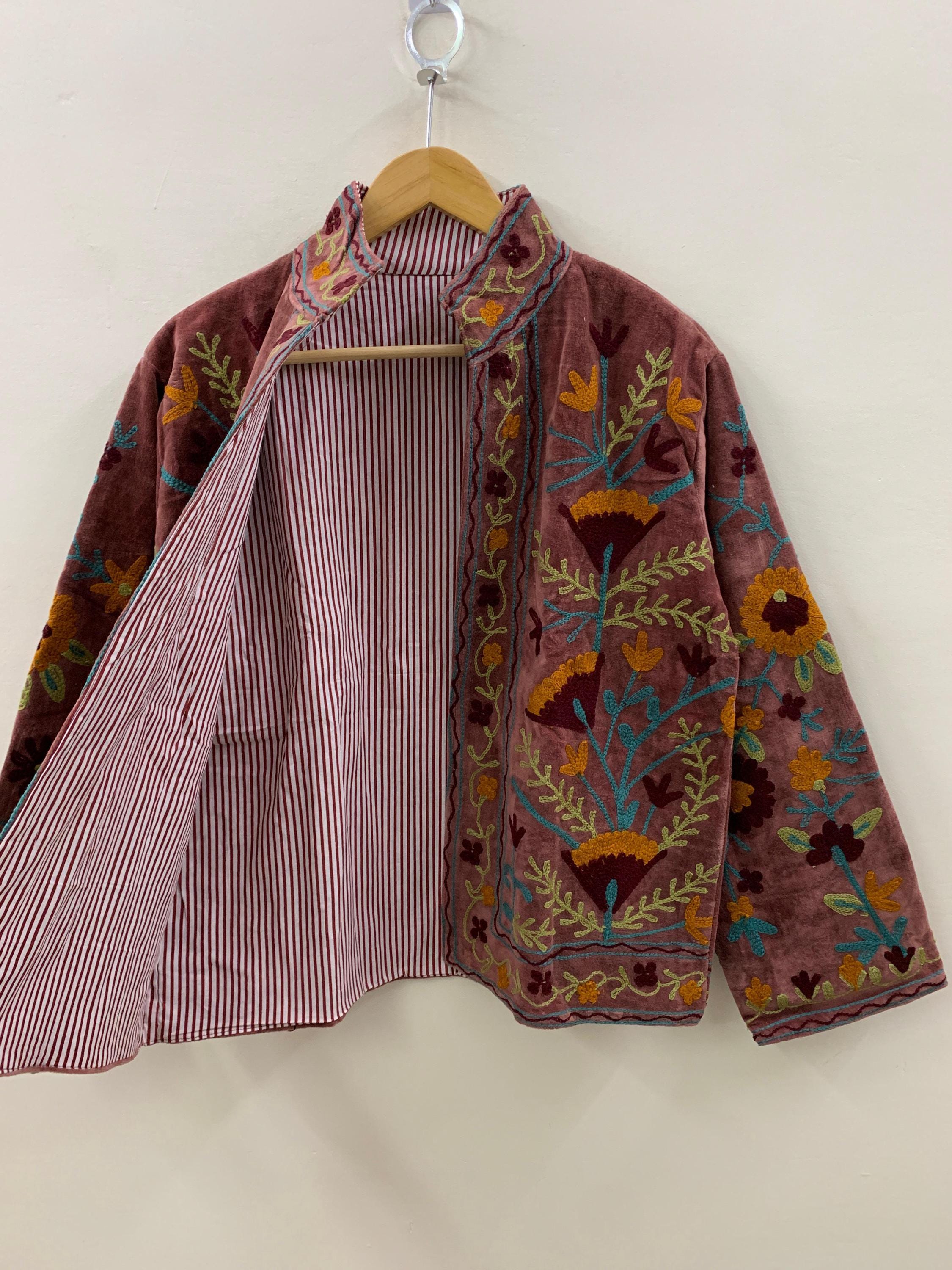 Suzani Embroidered Velvet Winter Jacket | Handmade Short Festival Coat | Ethnic Bohemian Outerwear | Winter Kimono Jacket | Gift For Wife