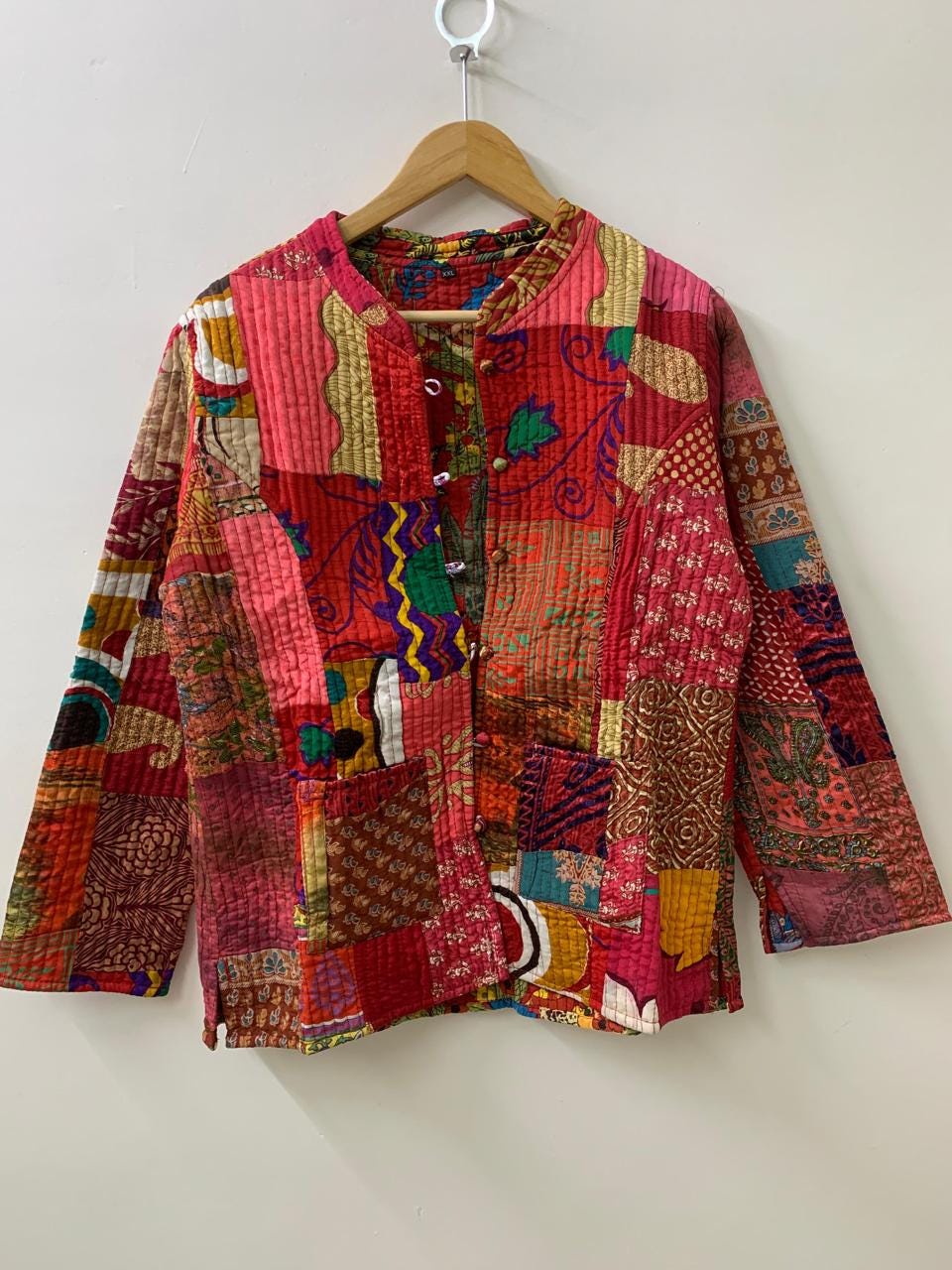 Pure Silk Reversible Patchwork Jacket | Kantha Blazer | Buttoned Quilted Coat |Handmade Vintage Fabric Jacket |Bohemian Outerwear |Gift idea