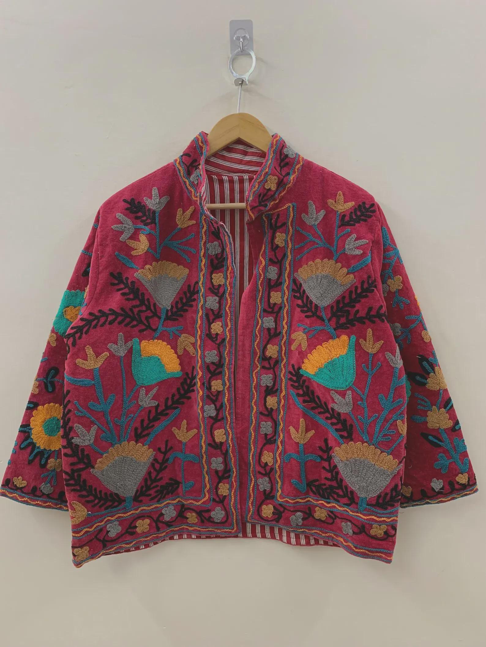 Embroidered Velvet Suzani Duster Jacket | Indian Style Coat | Unisex Kimono Jacket | Long Bomber Jacket | Bridesmaid Winter Statement Coat
