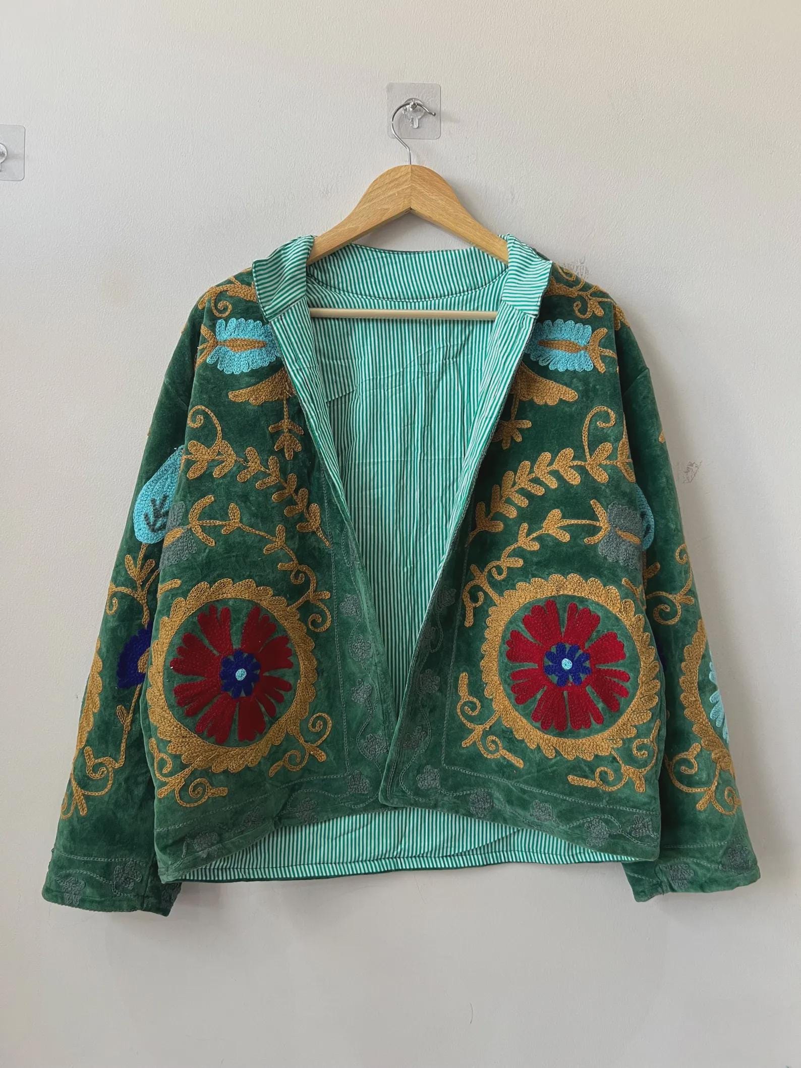Suzani Embroidered Velvet Winter Jacket | Handmade Short Festival Coat | Ethnic Bohemian Outerwear | Winter Kimono Jacket | Gift For Wife
