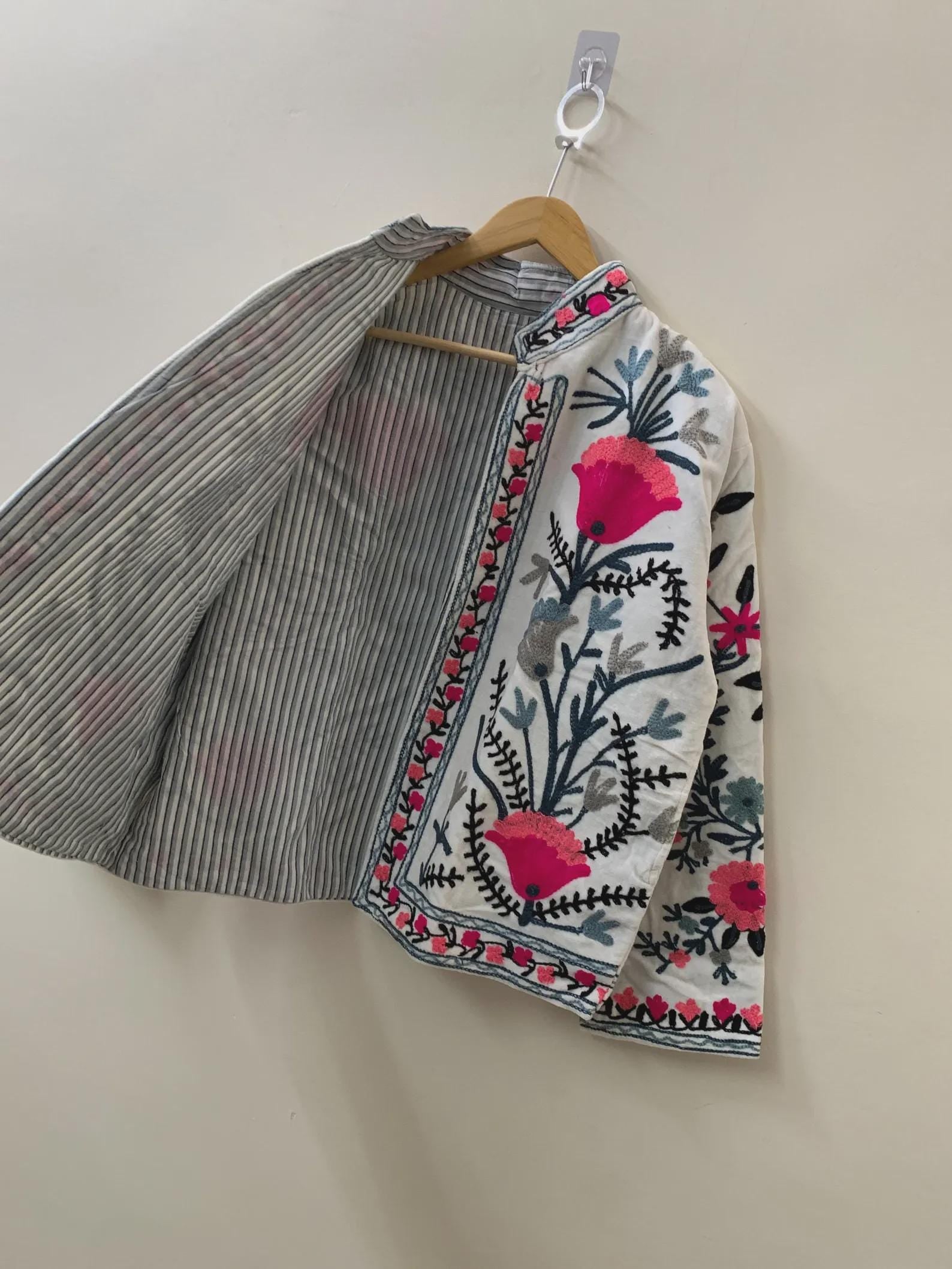 Handmade Suzani Embroidered Velvet Winter Jacket | Traditional Ethnic Boho Short Coat | Festival Kimono Outerwear | Gift for Her