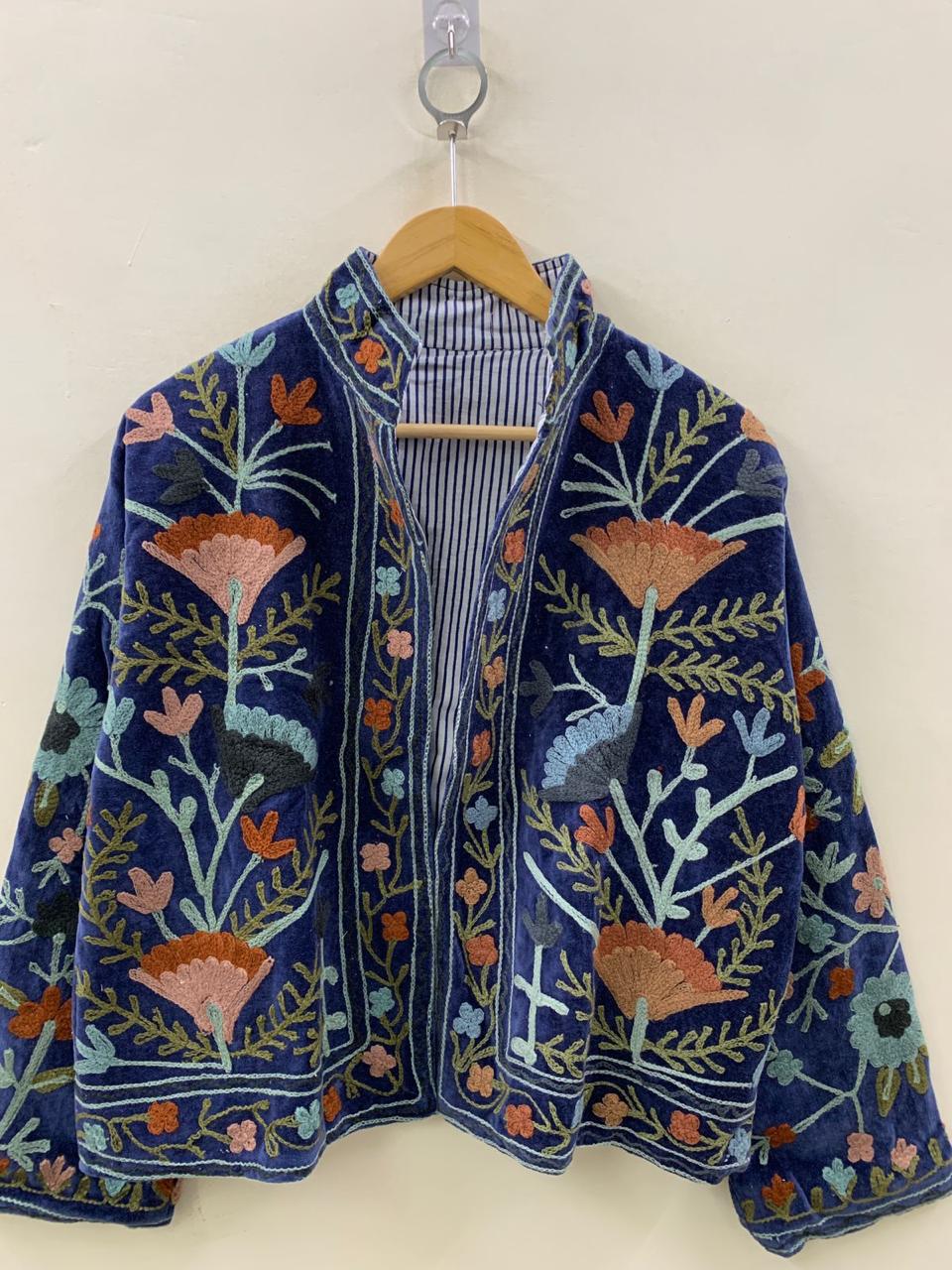Blue Velvet Suzani Embroidery Jacket | Suzani Duster Jacket | Winter Kimono Jacket | Women's Bomber Coat, Robe, Gift For Her |Street Fashion