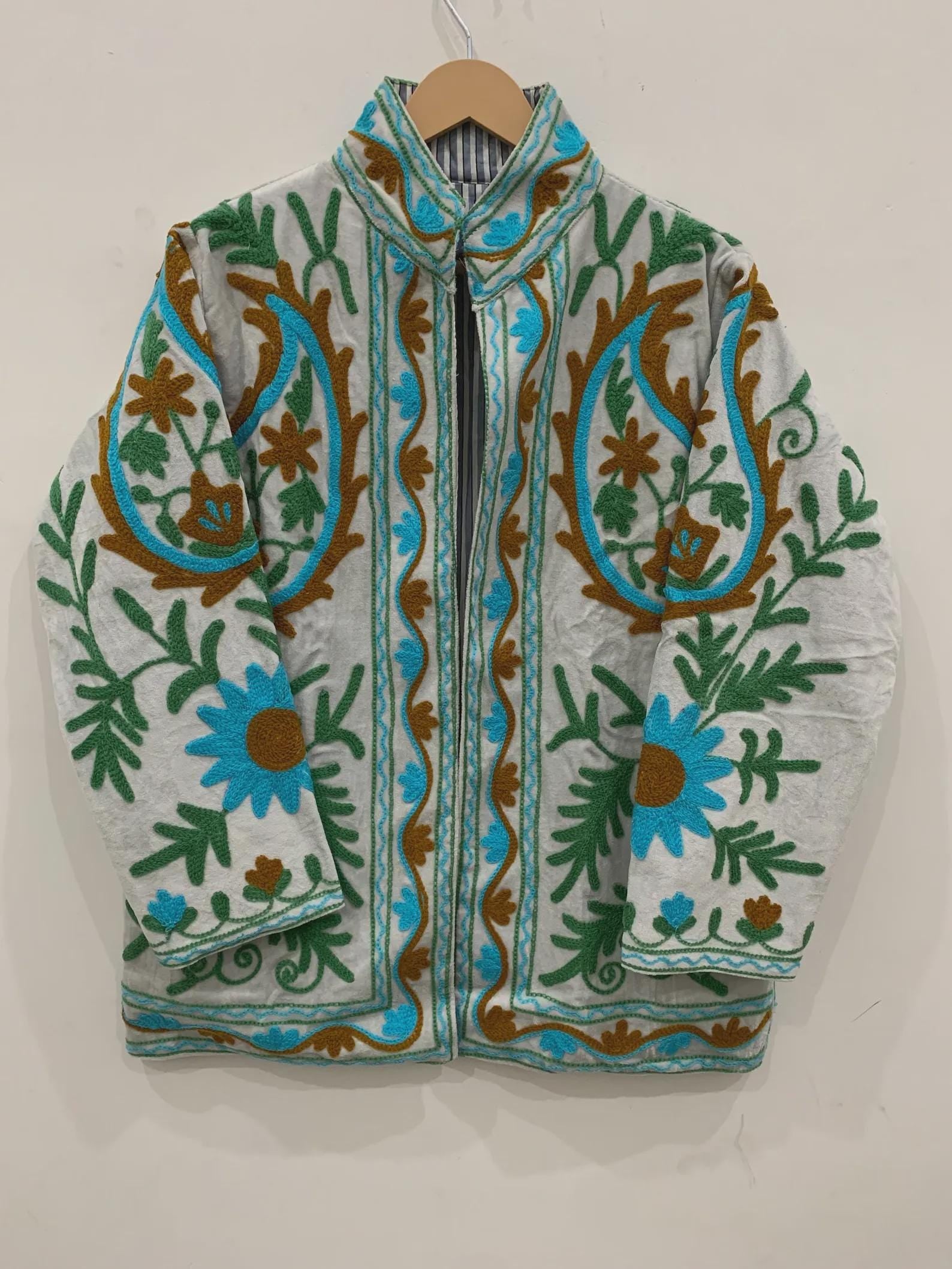 Velvet Suzani Embroidered Jacket – Handcrafted Floral Pattern with Lining And Handmade Buttons, Women's Wear Gift For Her - Duster Jacket