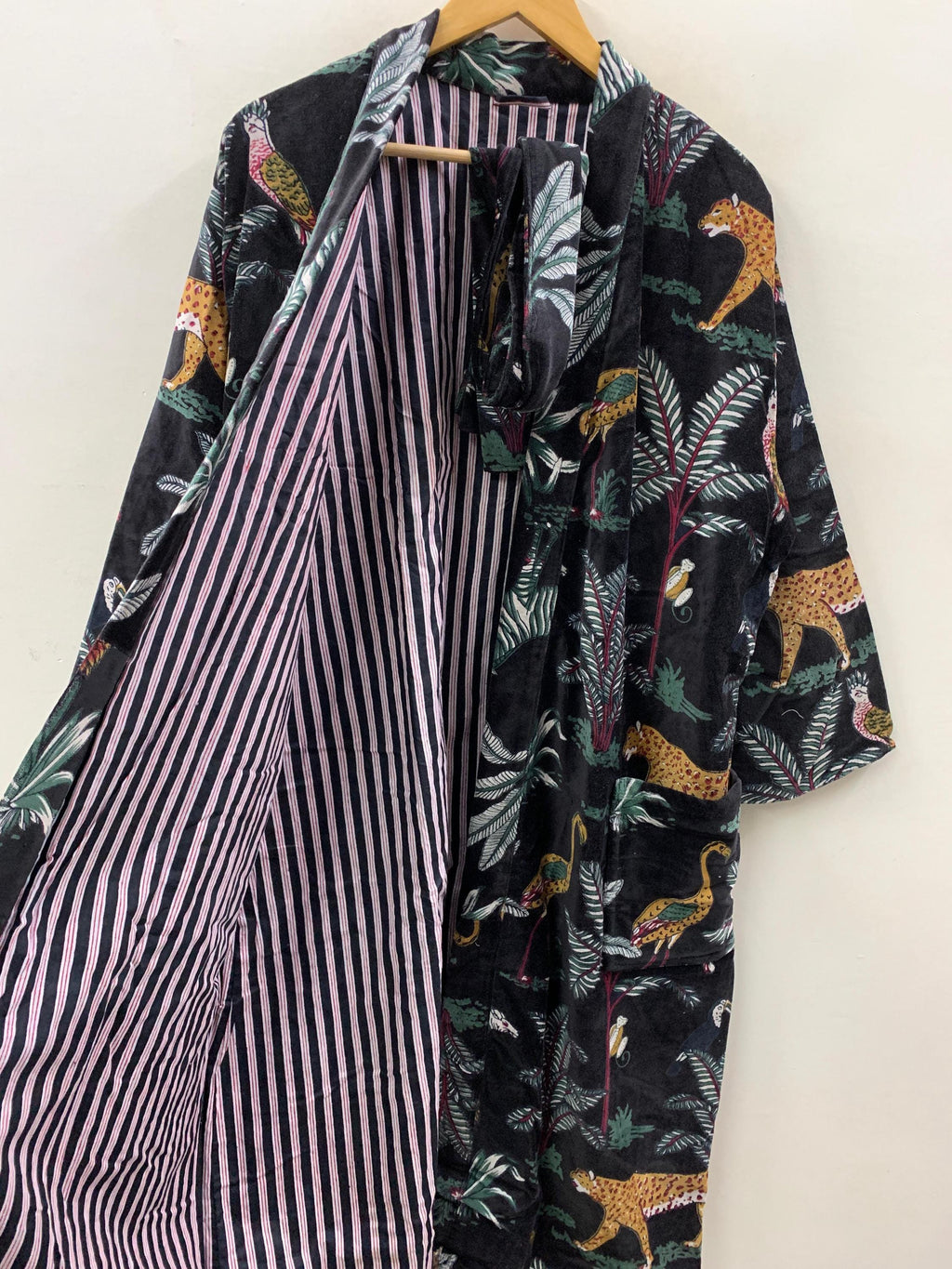 Jungle Print Velvet Kimono | Black Safari Loungewear |Cheetah & Tropical Animal Print Robe |Unisex Boho Kimono Jacket |Statement Resort Wear