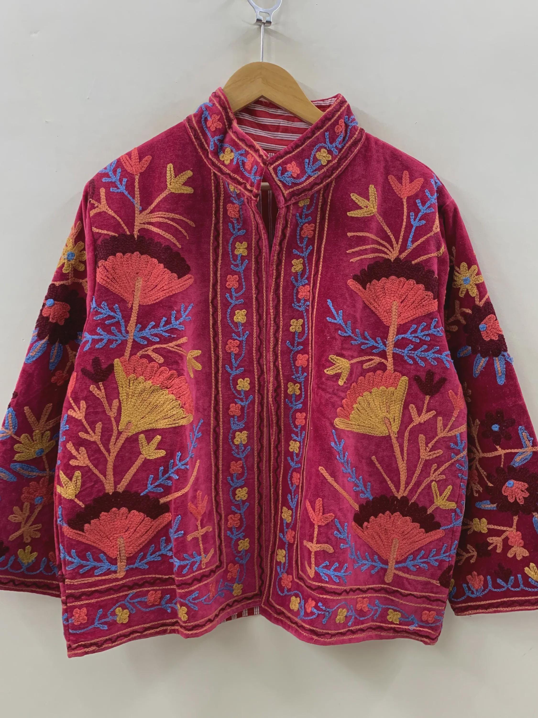 Pink Floral Suzani Embroidered Jacket | Kimono Women's Jacket | Embroidery Short Coat | Winter Coat | Street Style Coat | Gift For Her
