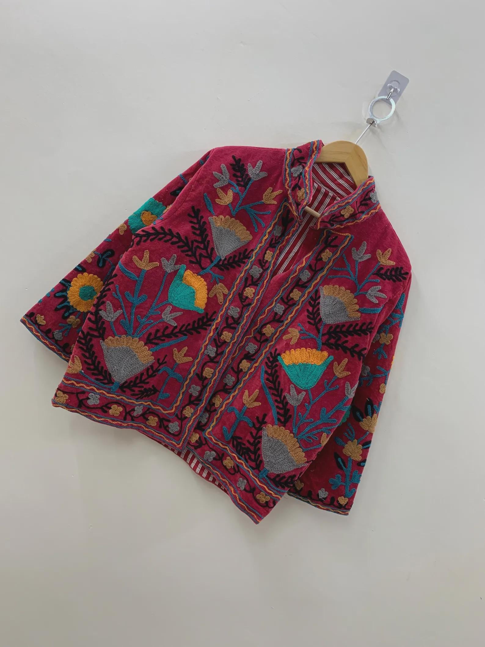 Boho Suzani Velvet Kimono Jacket | Hand Embroidered Short Coat | Vintage Ethnic Wear | Cropped Jacket | Winter Outfit | Gift for Her