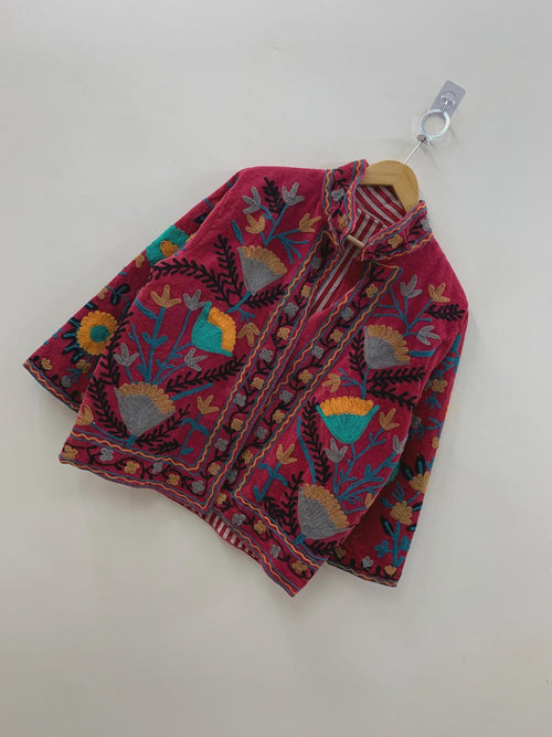Boho Suzani Velvet Kimono Jacket | Hand Embroidered Short Coat | Vintage Ethnic Wear | Cropped Jacket | Winter Outfit | Gift for Her
