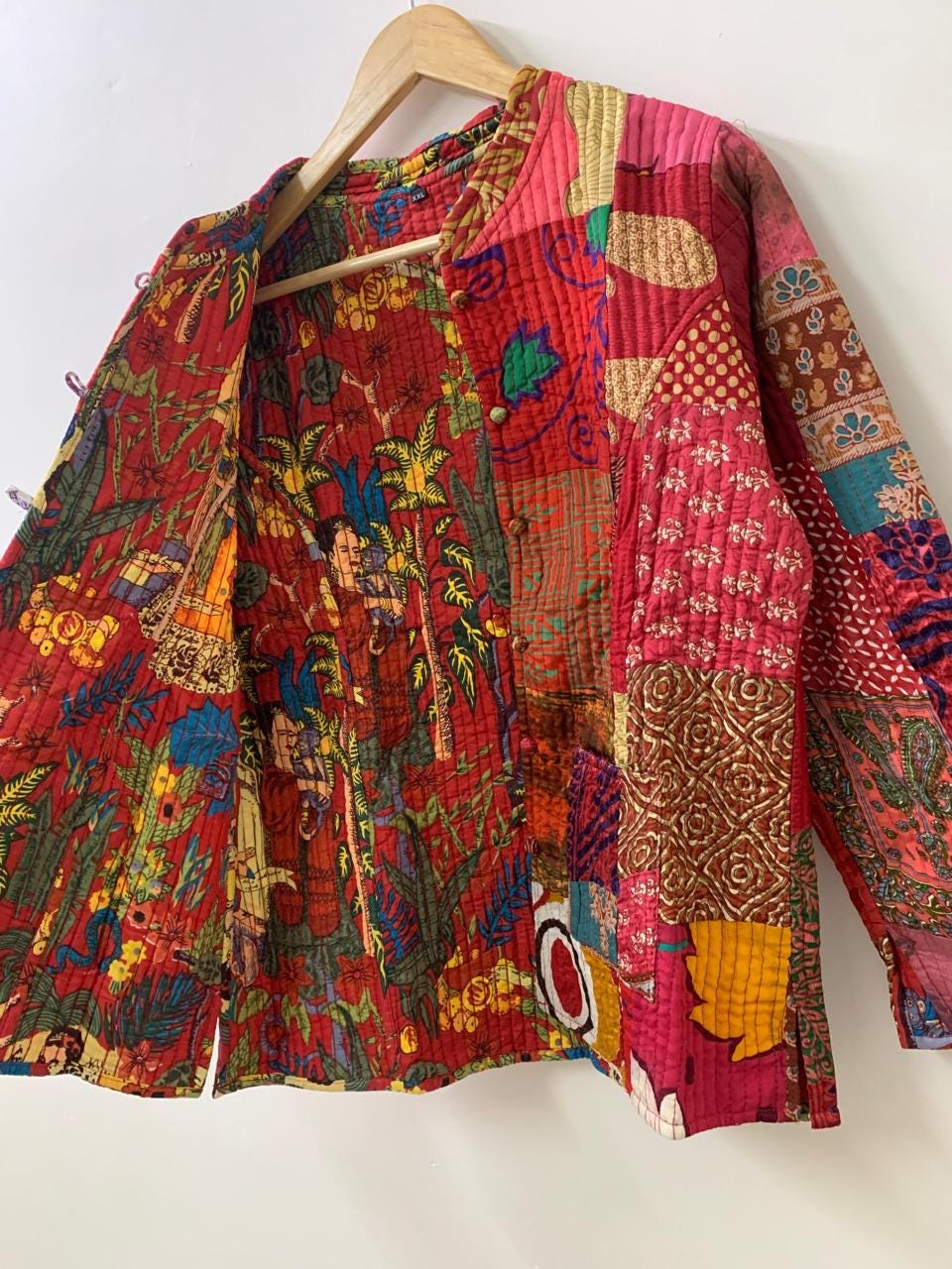 Pure Silk Reversible Patchwork Jacket | Kantha Blazer | Buttoned Quilted Coat |Handmade Vintage Fabric Jacket |Bohemian Outerwear |Gift idea