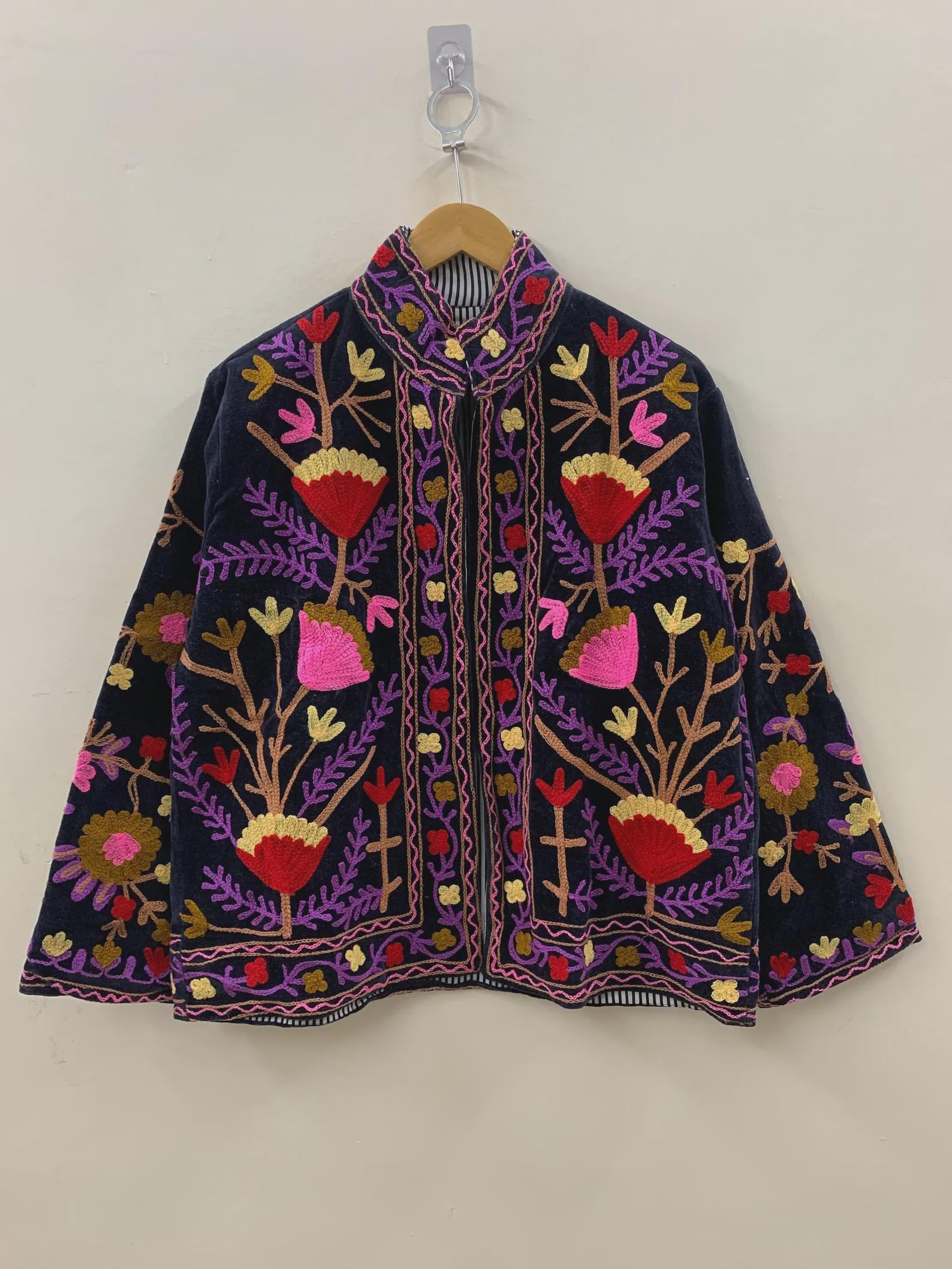 Embroidered Velvet Suzani Winter Jacket | Indian Boho Style Coat | Spring Bomber Jacket | Gift For Her | Suzani Outerwear | Duster Jacket