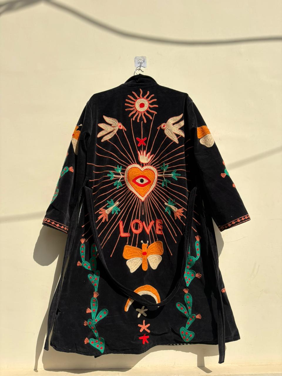 Black Suzani Velvet Kimono |Unisex Bohemian Overcoat | Vintage Kimono Jacket |Hand Embroidered Winter Wear Kimono Jacket | Bohemian Overcoat