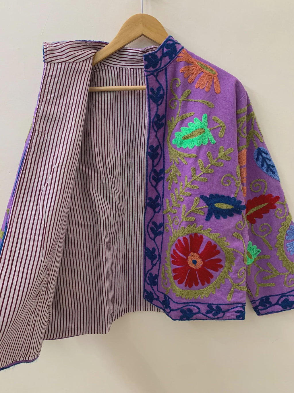 Purple Cotton Suzani Short Jacket | Hand Embroidered Boho Coat | Floral Bohemian Festival Jacket | Ethnic Artisan Outerwear | Gift for Her