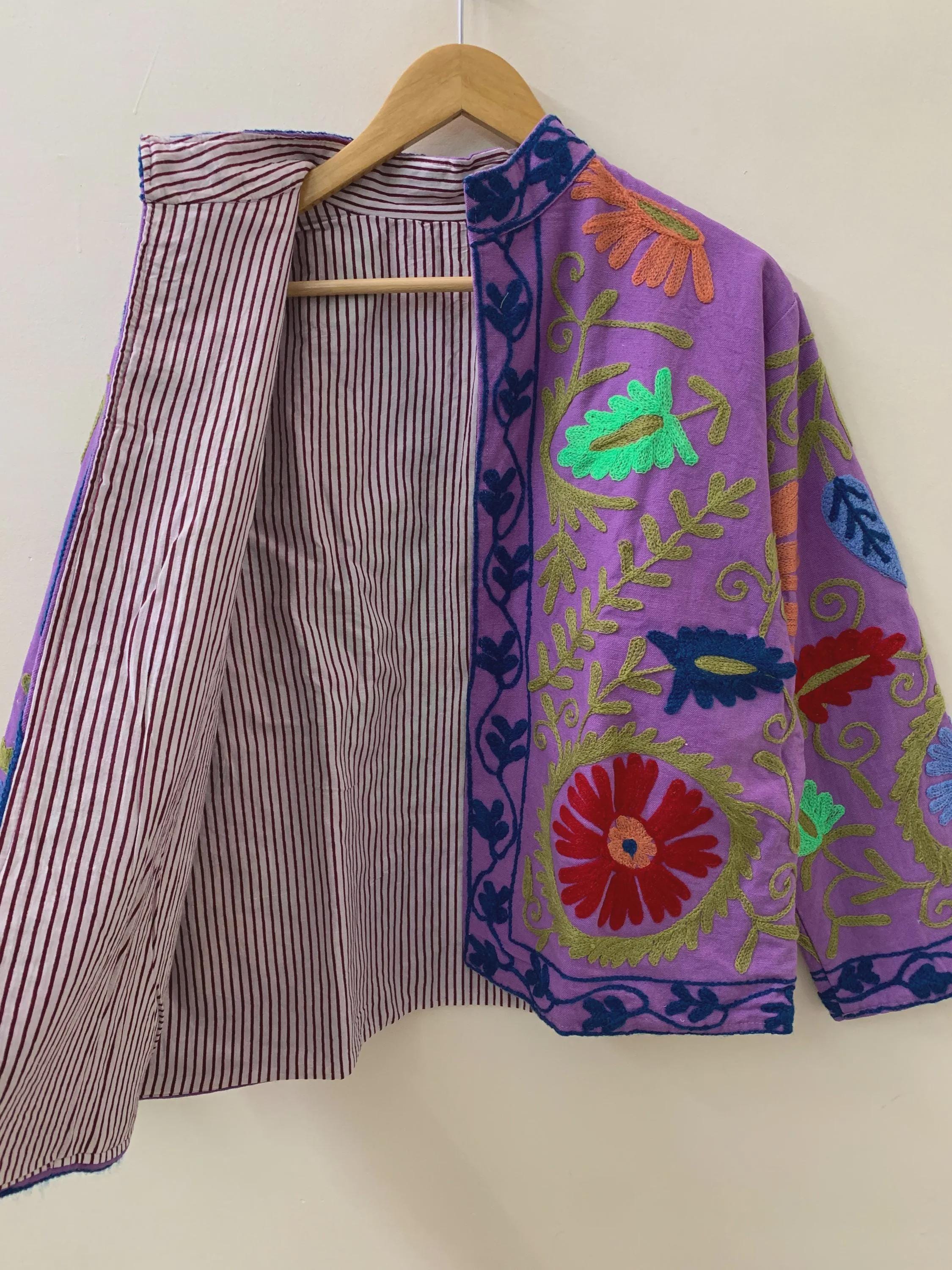 Purple Cotton Suzani Short Jacket | Hand Embroidered Boho Coat | Floral Bohemian Festival Jacket | Ethnic Artisan Outerwear | Gift for Her