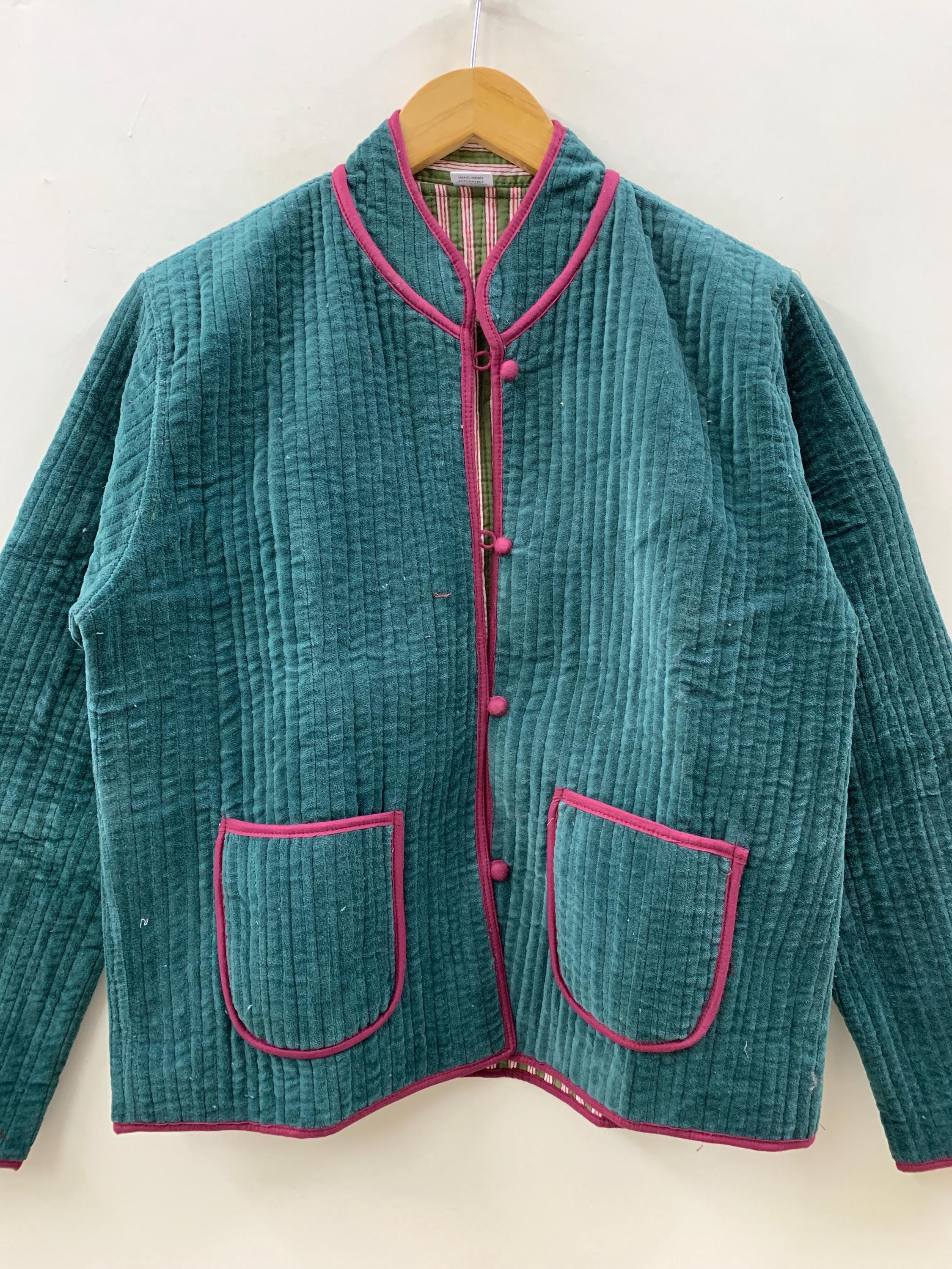 Green Velvet Quilted Solid Short Jacket | Velvet Coat | Buttoned Velvet Jacket | Quilted Boho Blazer | Winter Bomber Coat | Duster Jacket