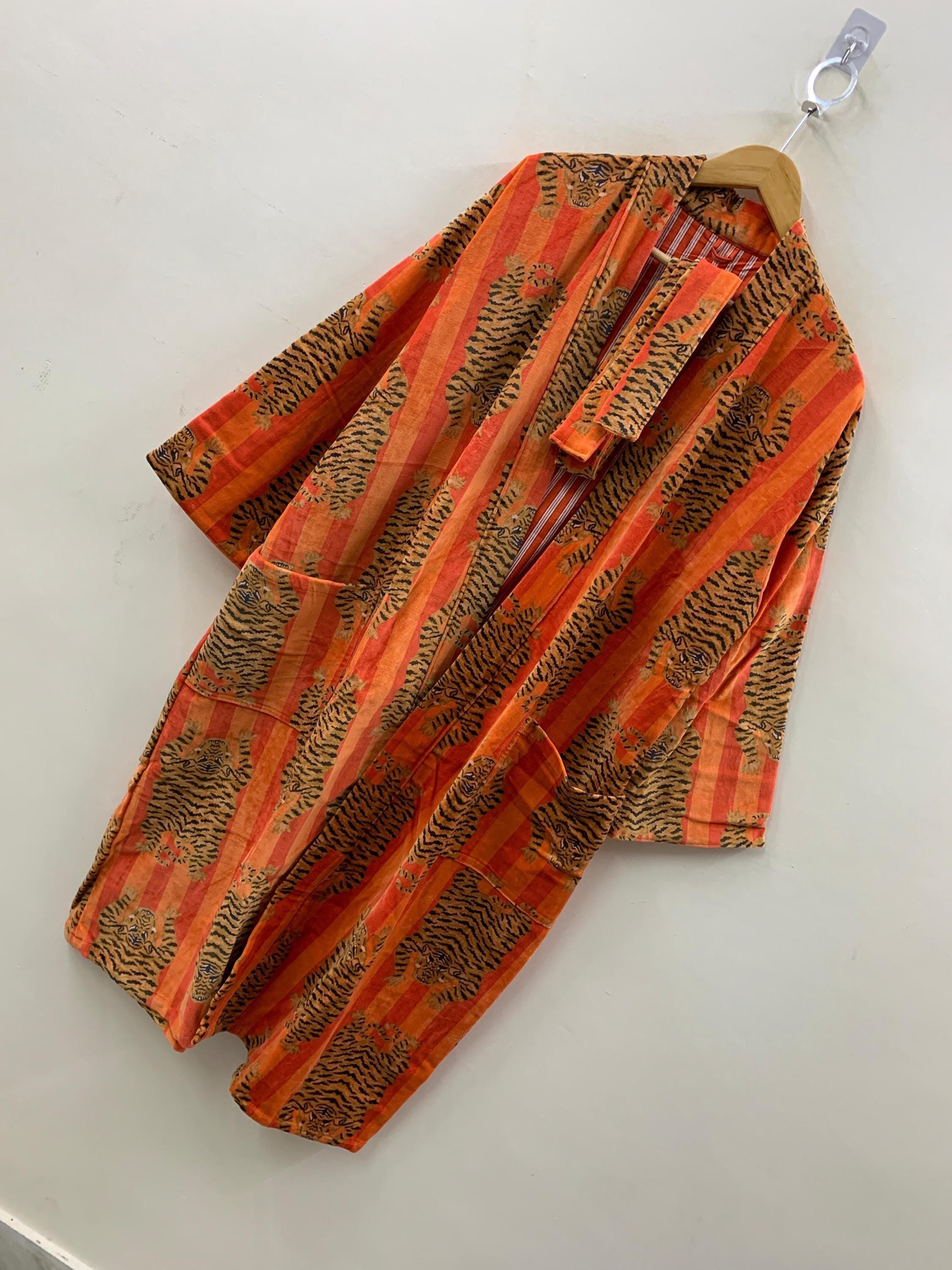 Orange Leopard Velvet Winter Kimono Robe | Bold Animal Print Loungewear | Boho Statement Robe | Warm Dressing Gown | Winter Resort Wear