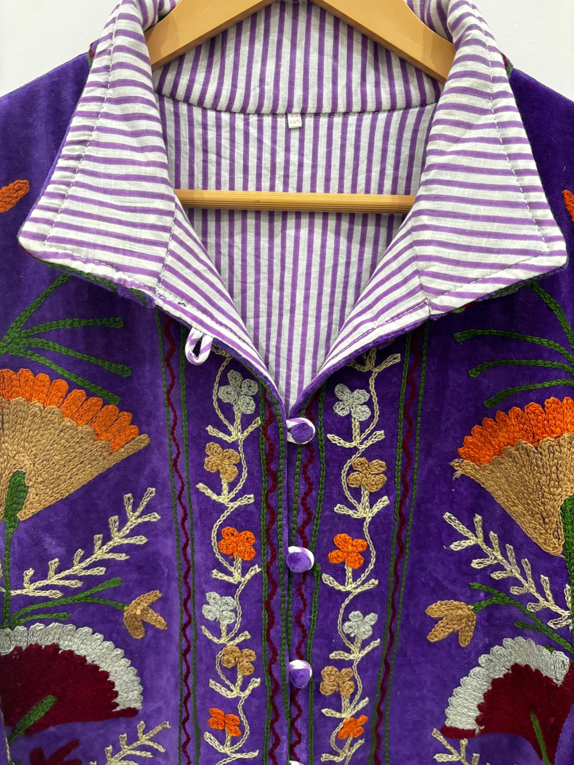 Purple Suzani Embroidery Jacket Batton Coat, Winter Suzani Jacket, Velvet Kimono Coat, Suzani Coat, Outerwear, Travel Jacket, Gift For Her