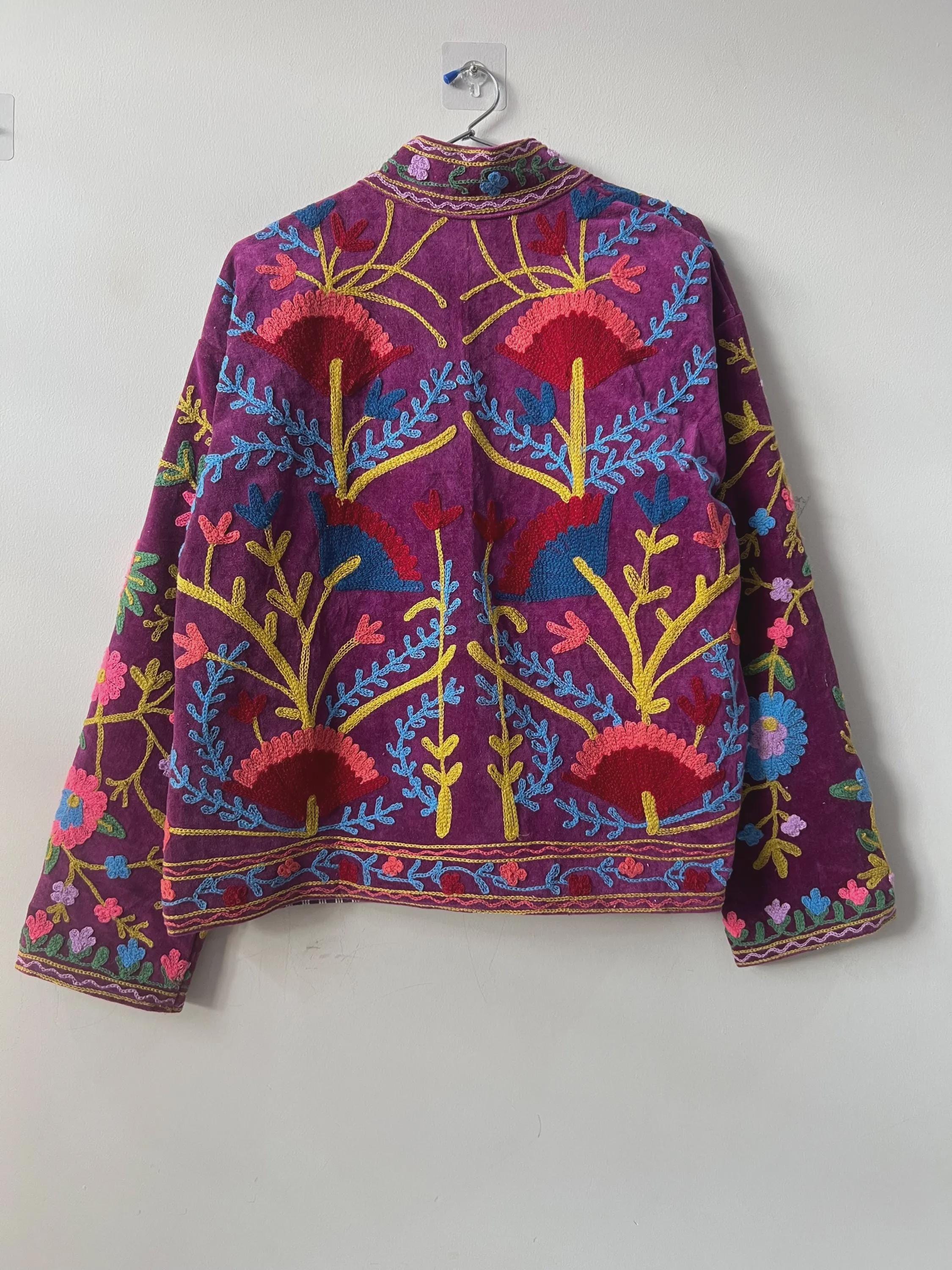 Bohemian Velvet Suzani Embroidered Coat | Floral Statement Jacket | Ethnic Duster Outerwear | Bomber Style Jacket |Gift For her