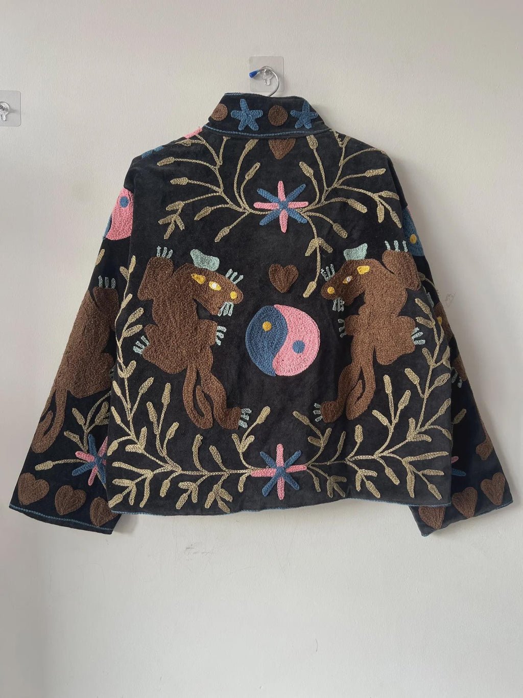 Black Handmade Suzani Embroidered Velvet Jacket | Bohemian Festival Coat