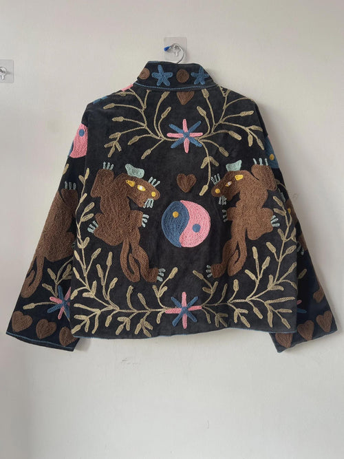 Black Handmade Suzani Embroidered Velvet Jacket | Bohemian Festival Coat