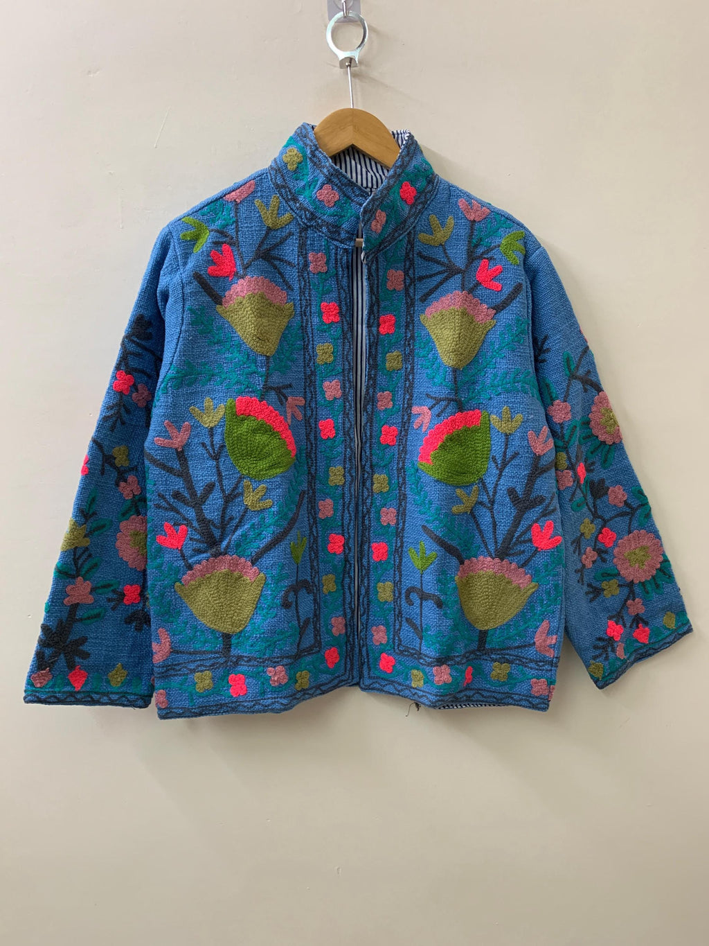Blue Suzani TNT Fabric Short Spring Jacket | Duster TNT Jacket | Button Winter Outerwear Jacket |Spring Bomber Coat| Gift For Her | TNT Coat