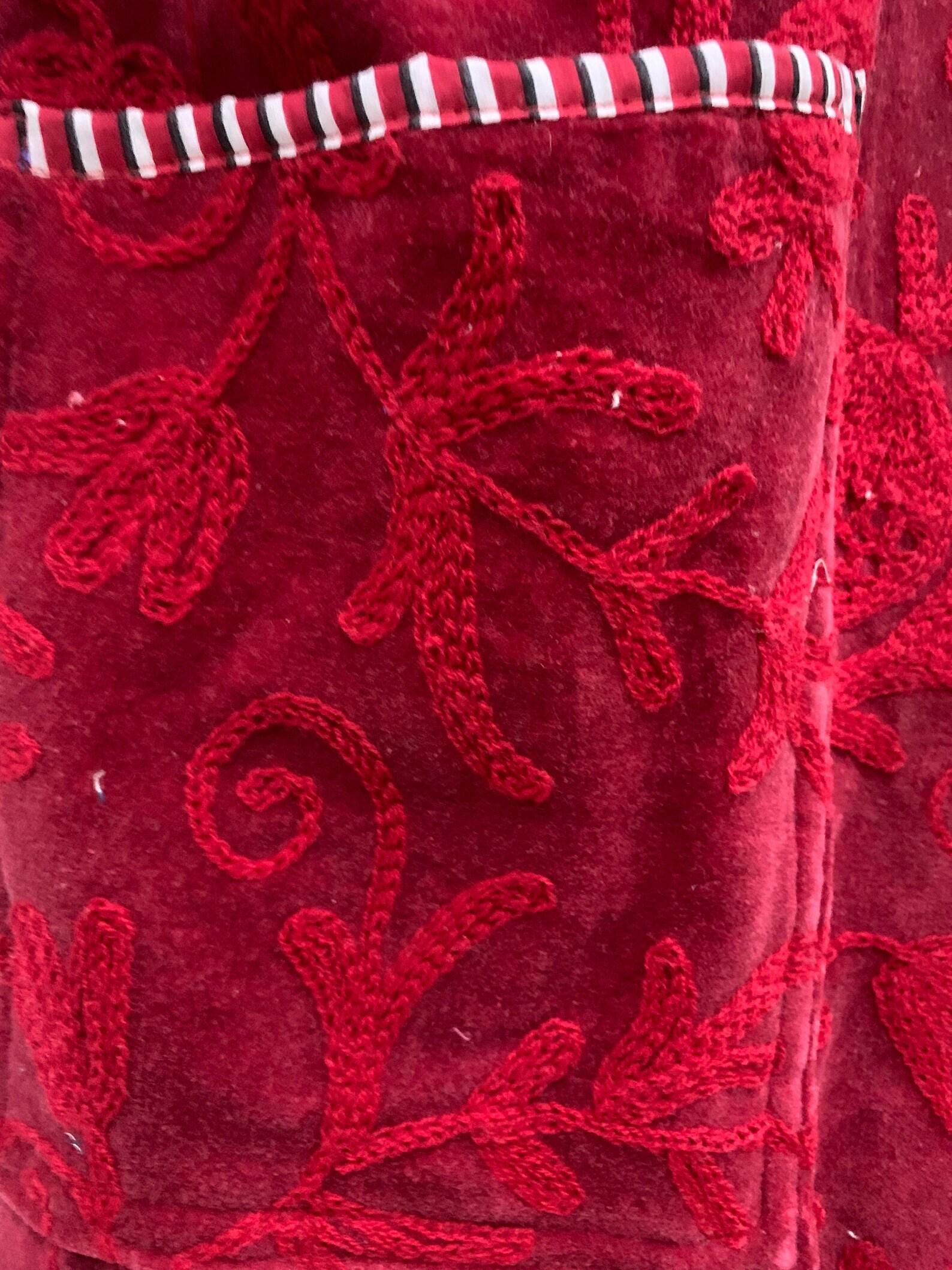 Red Long Suzani Kimono Robe | Boho Embroidered Duster | Vintage Uzbek Coat | Handmade Festival Kimono | Bohemian Robe Jacket | One of a Kind