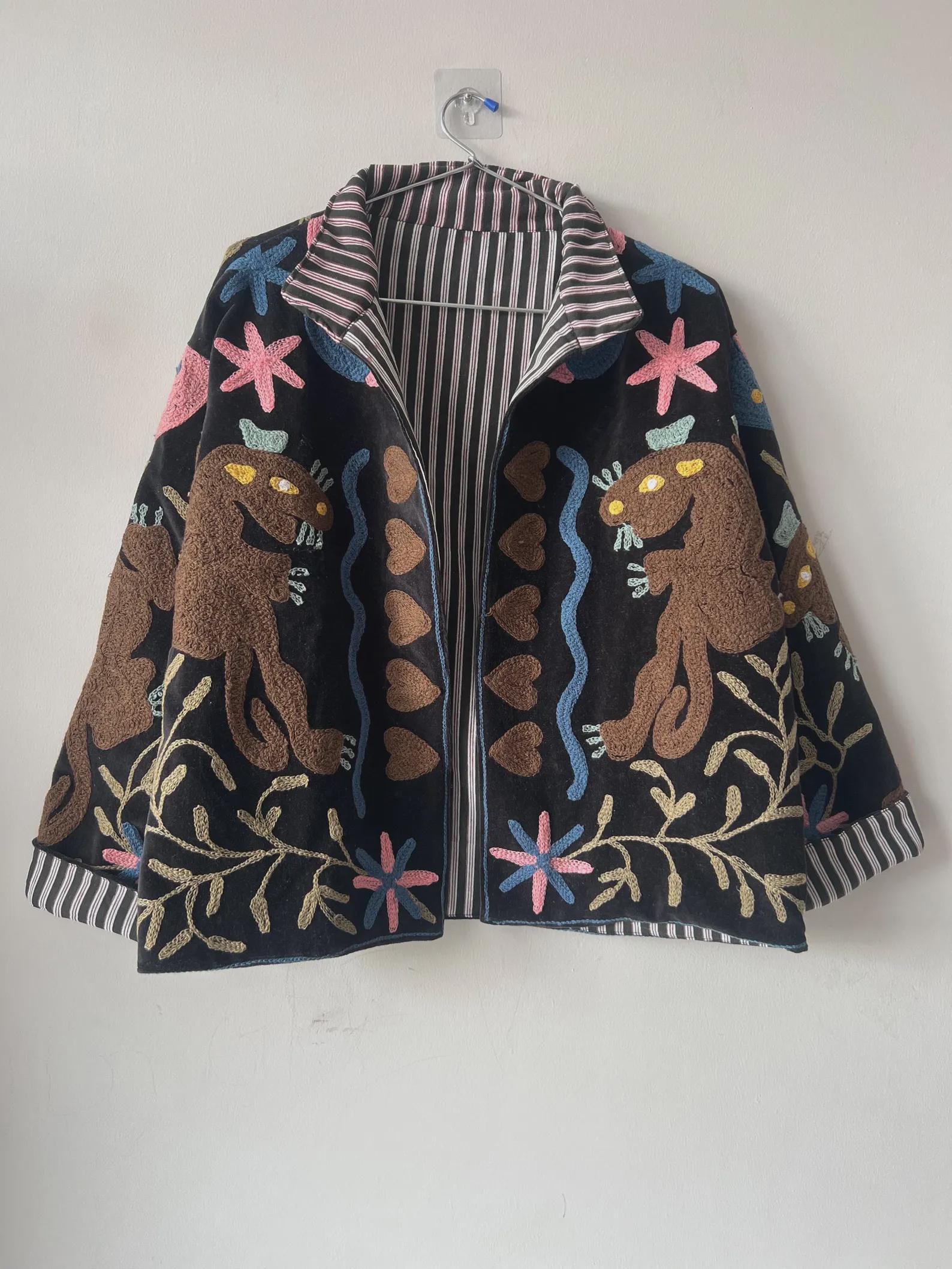 Black Handmade Suzani Embroidered Velvet Jacket | Bohemian Festival Coat