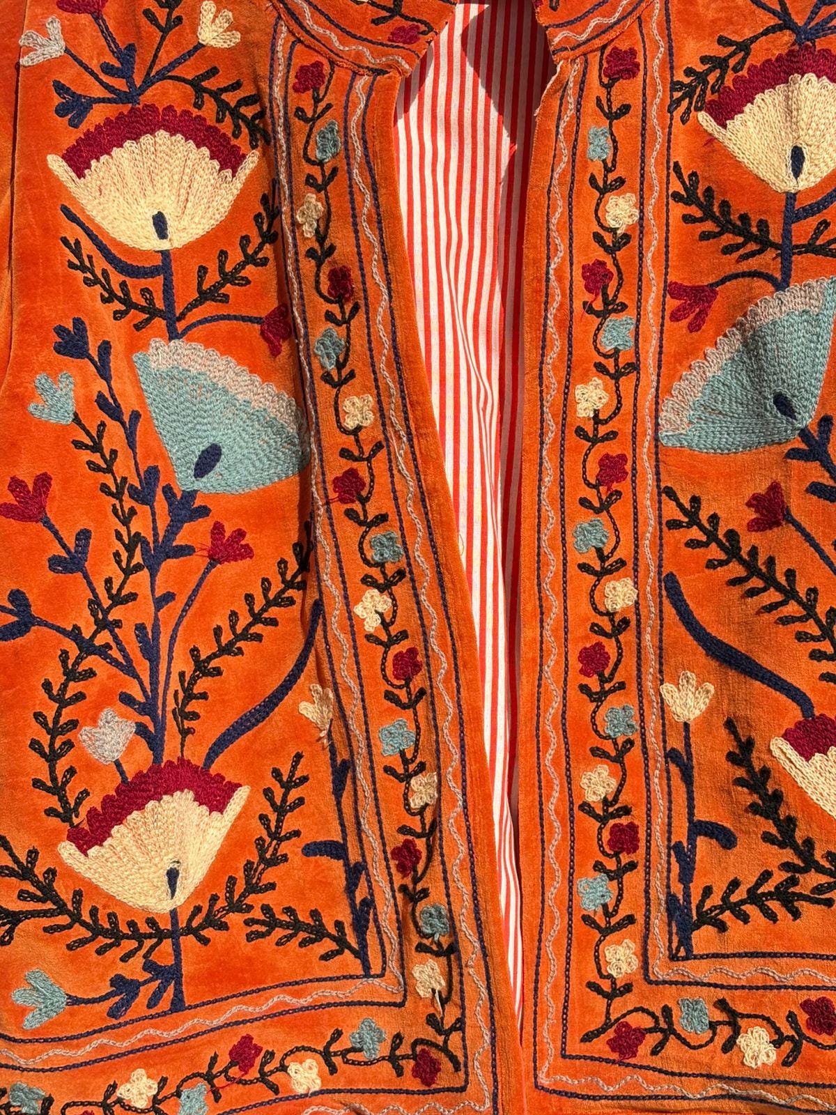 Orange Suzani Embroidered Velvet Jacket | Boho Coat | Ethnic Kimono Jacket | Warm Winter Outerwear | Gift for Her | Cropped Kimono Jacket