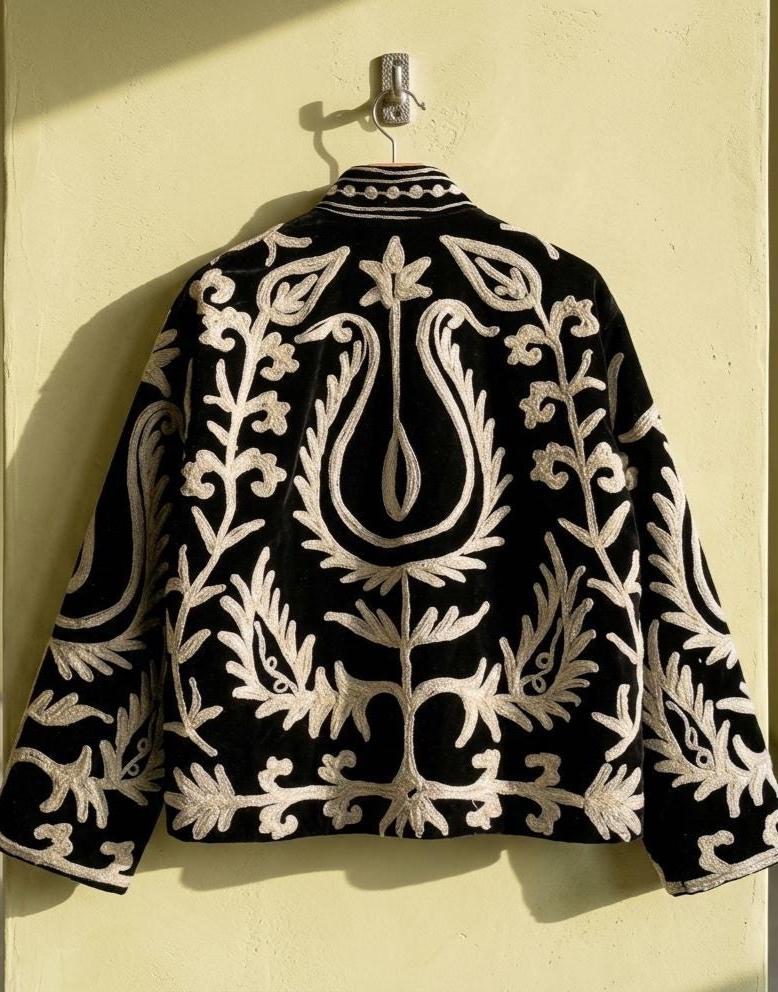 Black Suzani Embroidered Velvet Winter Jacket | Short Festival Coat | Ethnic Bohemian Outerwear | Winter Kimono Jacket | Gift For Wife