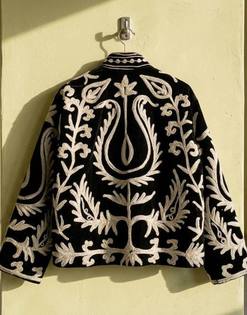 Black Suzani Embroidered Velvet Winter Jacket | Short Festival Coat | Ethnic Bohemian Outerwear | Winter Kimono Jacket | Gift For Wife
