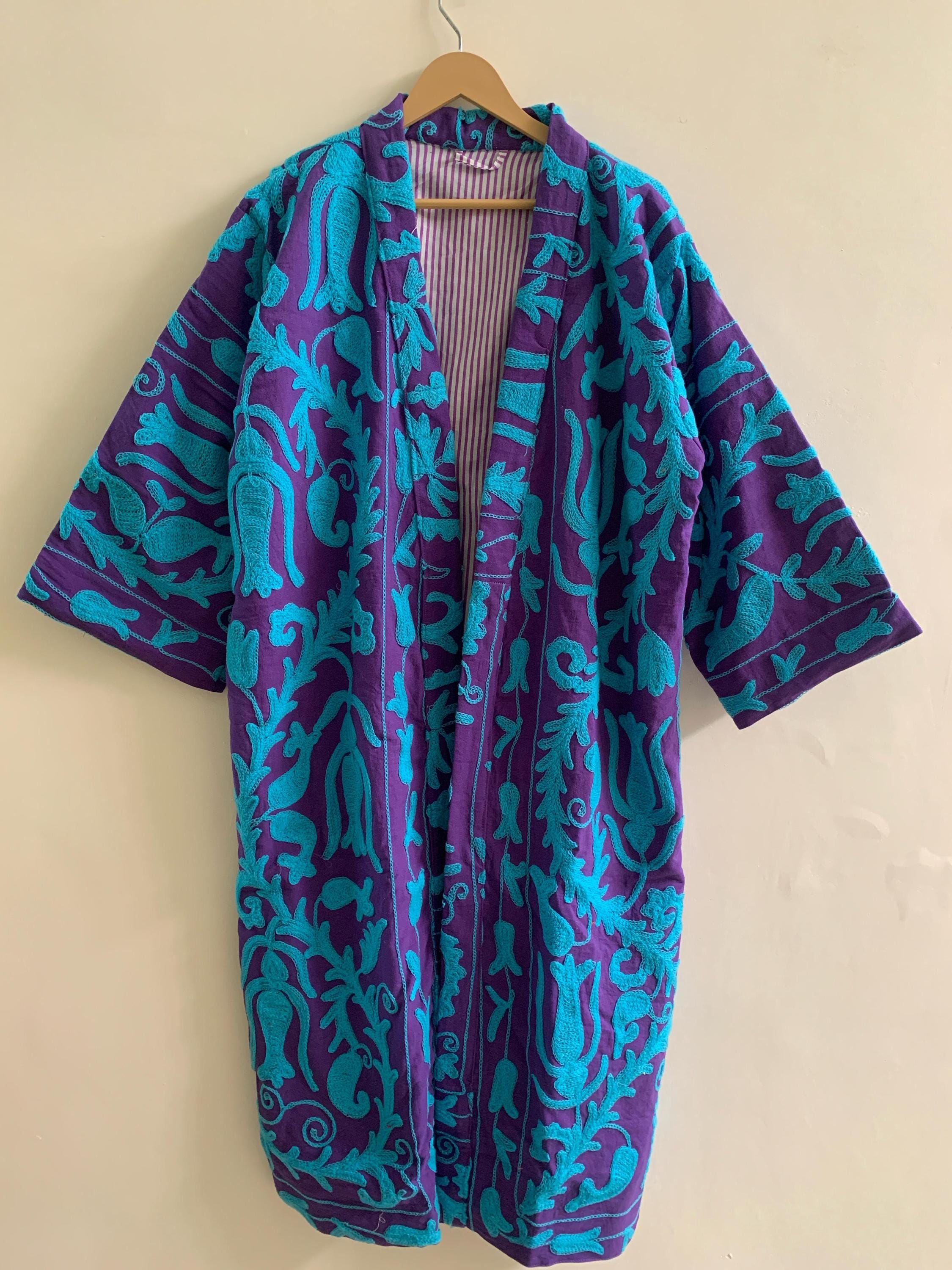 Embroidered Unisex Kimono |Japanese Inspired Kimono Jacket | Purple Cotton Canvas Robe | Handmade Boho Duster | Beach Cover Up |Gift for Her
