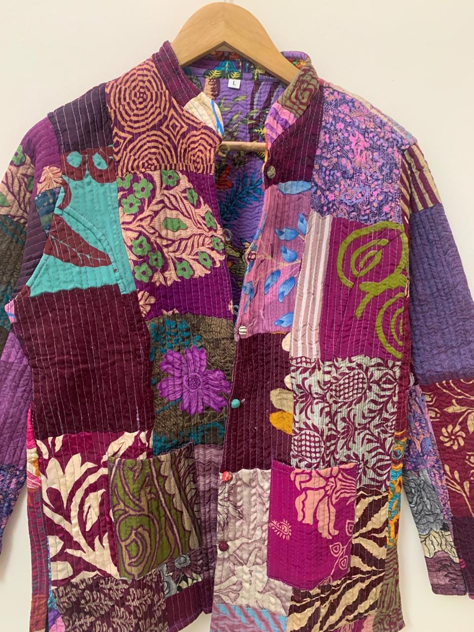 Pure Silk Reversible Patchwork Jacket | Kantha Blazer | Buttoned Quilted Coat |Handmade Vintage Fabric Jacket |Bohemian Outerwear |Gift idea