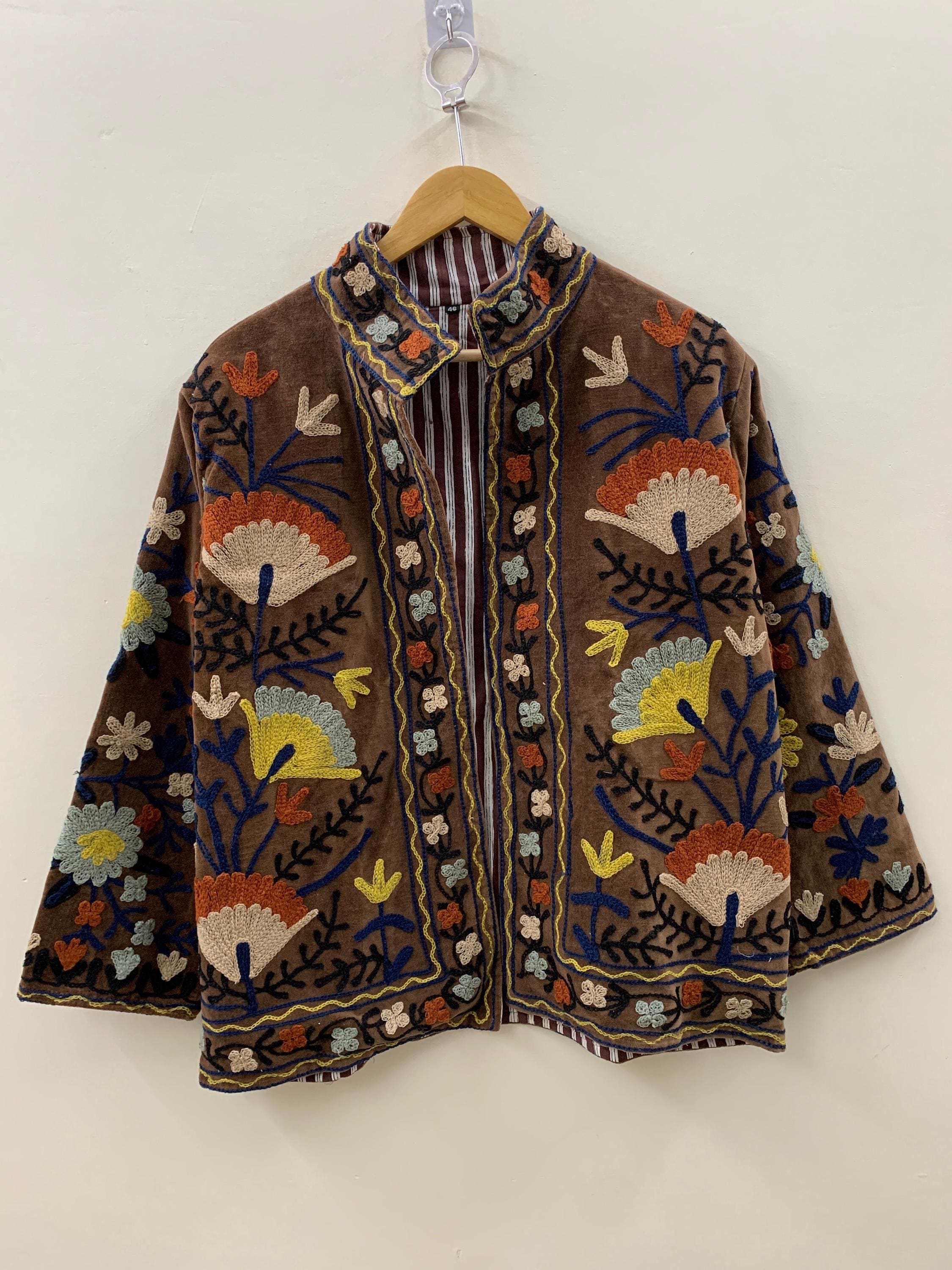 Suzani Embroidered Floral Winter Coat  |Short Velvet Jacket | Boho Festival Coat | Ethnic Outerwear | Cropped Bohemian Jacket | Gift For Her