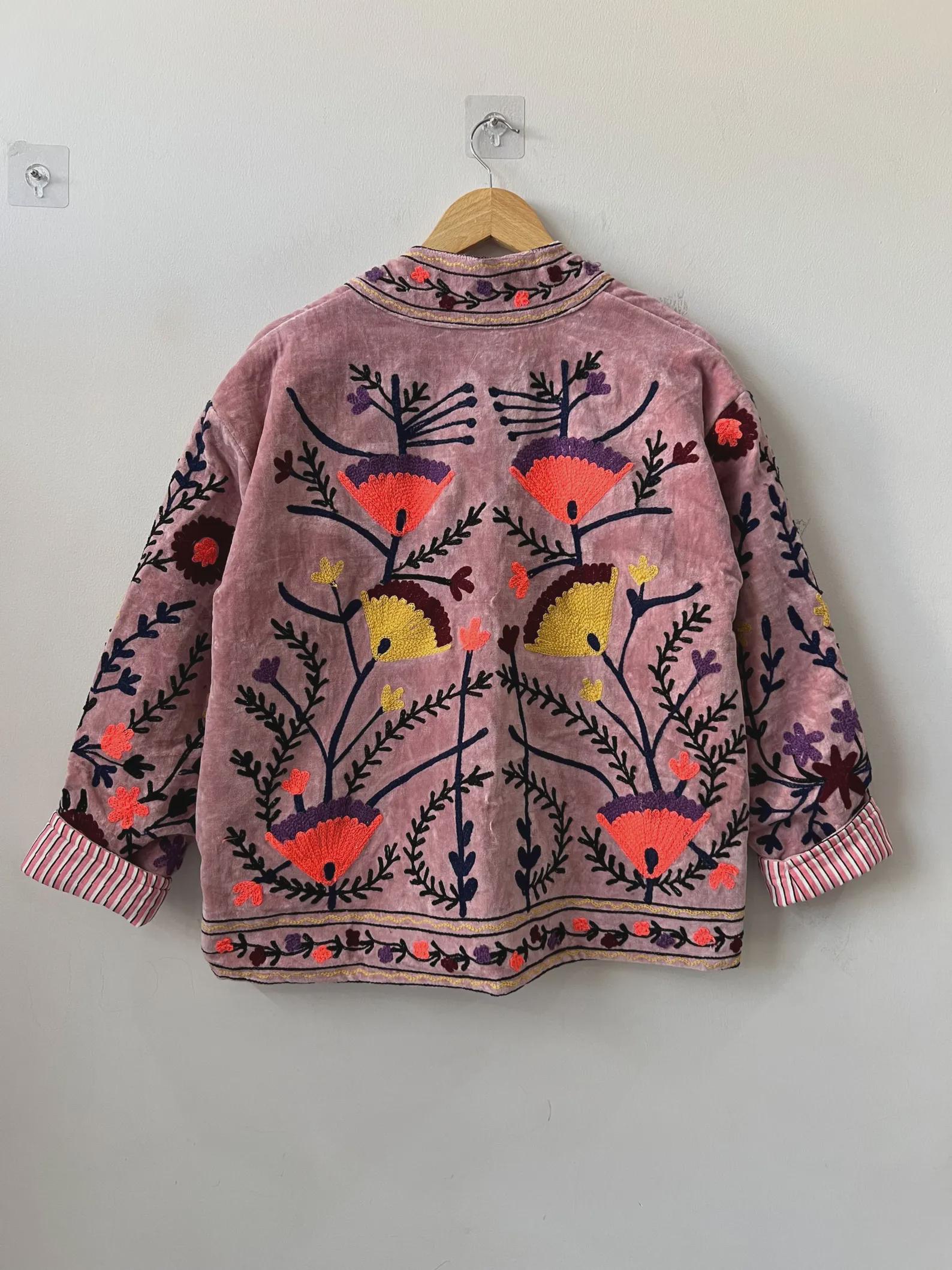 Velvet Suzani Hand Embroidered Jacket | Partywear Tailored Jacket |Bomber Coat | Hippie Jacket | 70s Style Coat | Gift For Her | Winter Coat