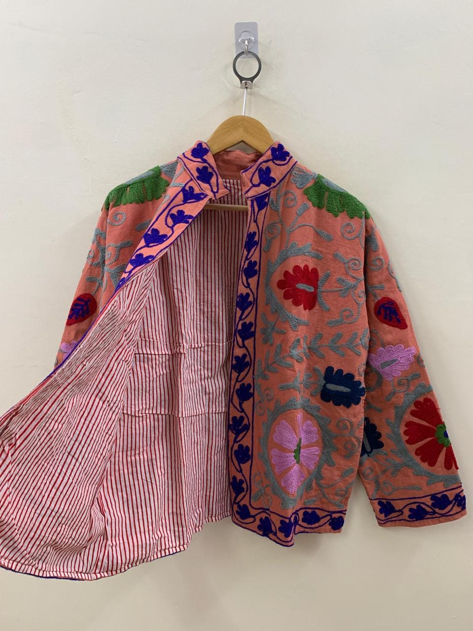 Indian Suzani Cotton Short Coat, Women's Jacket, Cotton Handmade Embroidery Coat, Suzani Cotton Boho Jacket, Gift For Her, Boho Suzani Coat